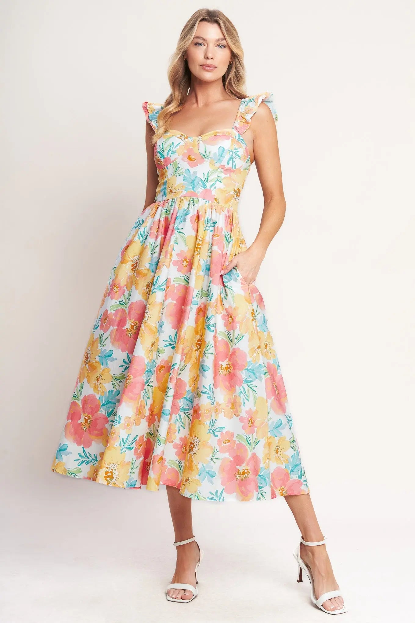 Soft Sunshine Floral Cotton Woven Midi Dress With Sweetheart Neckline Flying Tomato