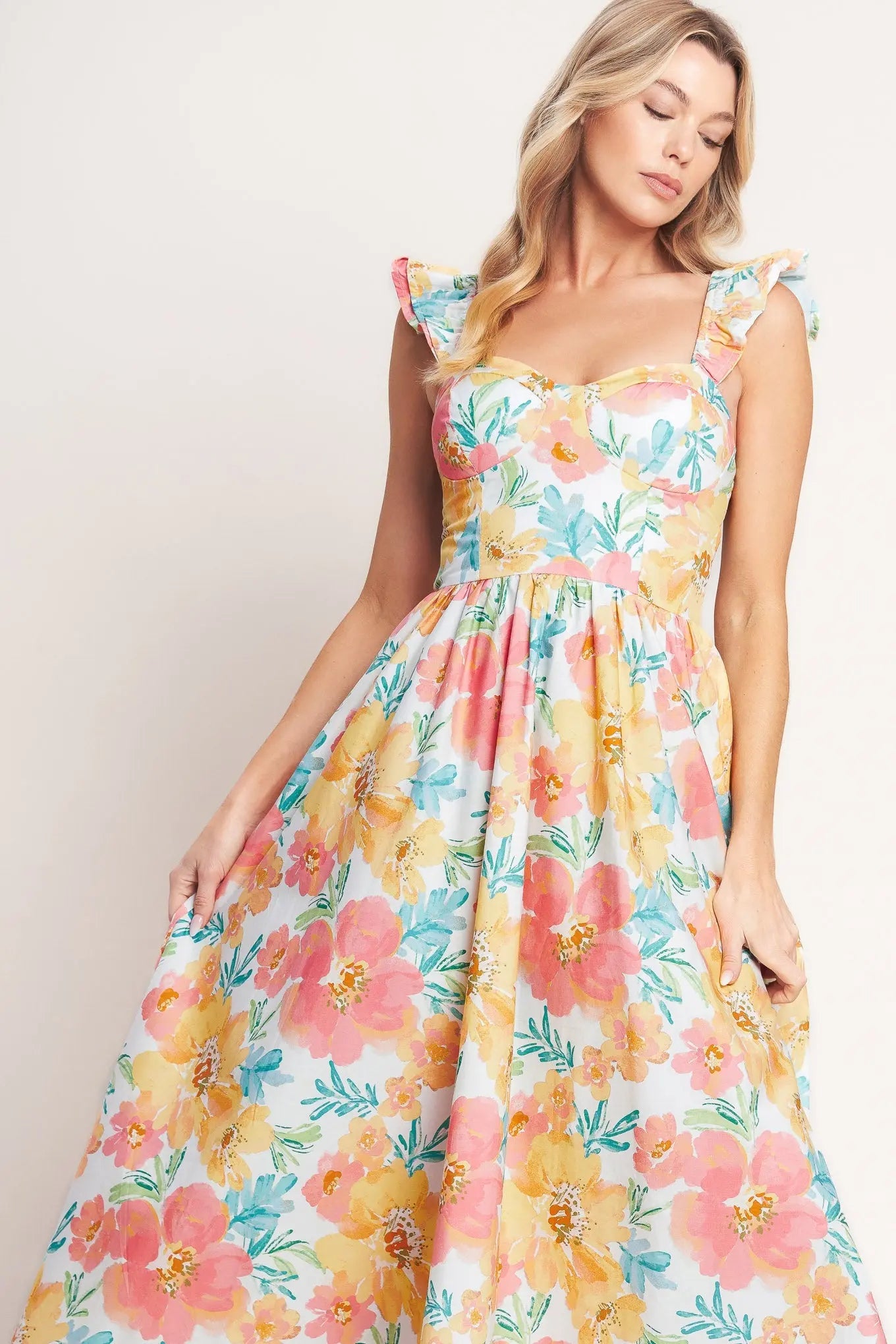 Soft Sunshine Floral Cotton Woven Midi Dress With Sweetheart Neckline Flying Tomato
