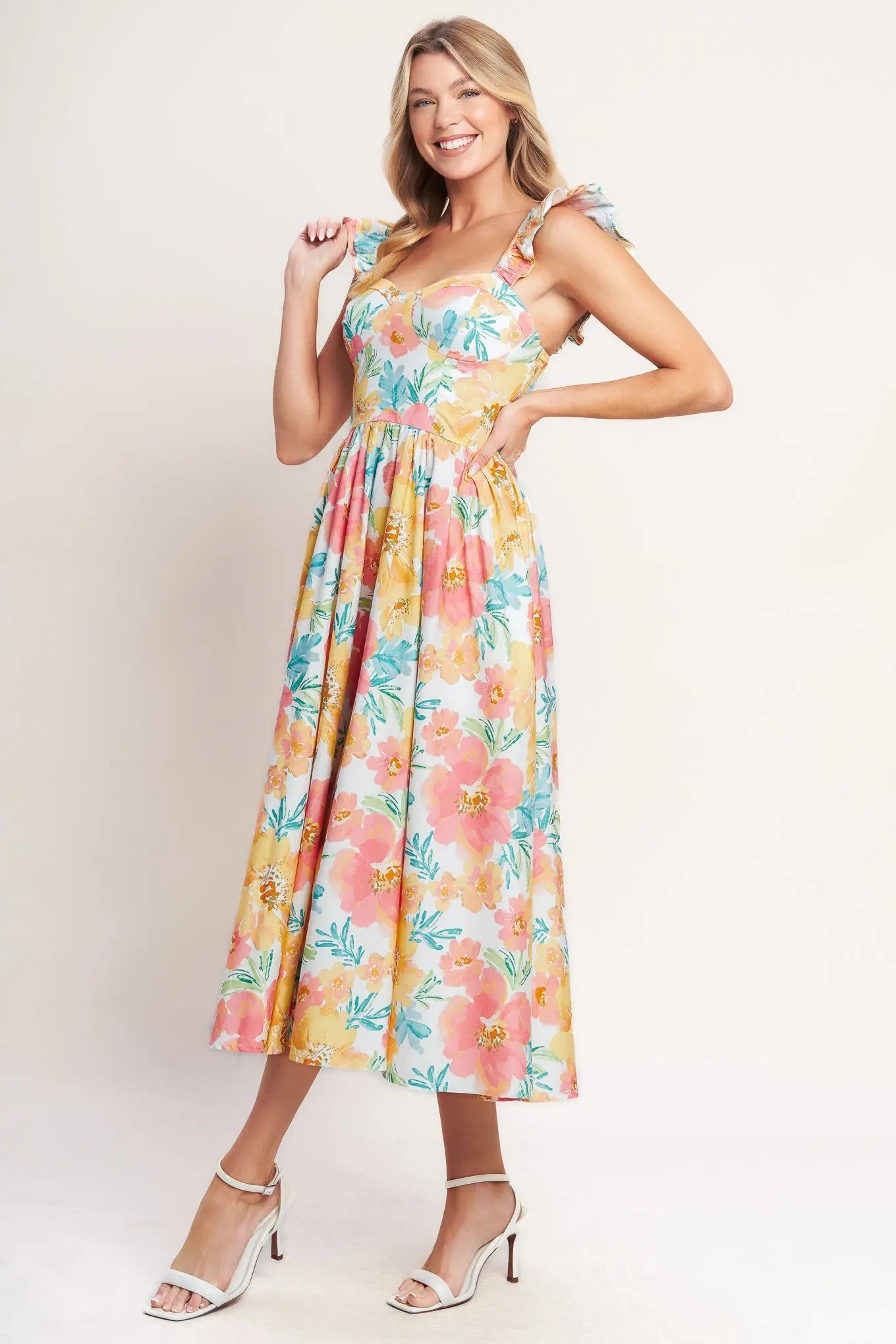 Soft Sunshine Floral Cotton Woven Midi Dress With Sweetheart Neckline Flying Tomato