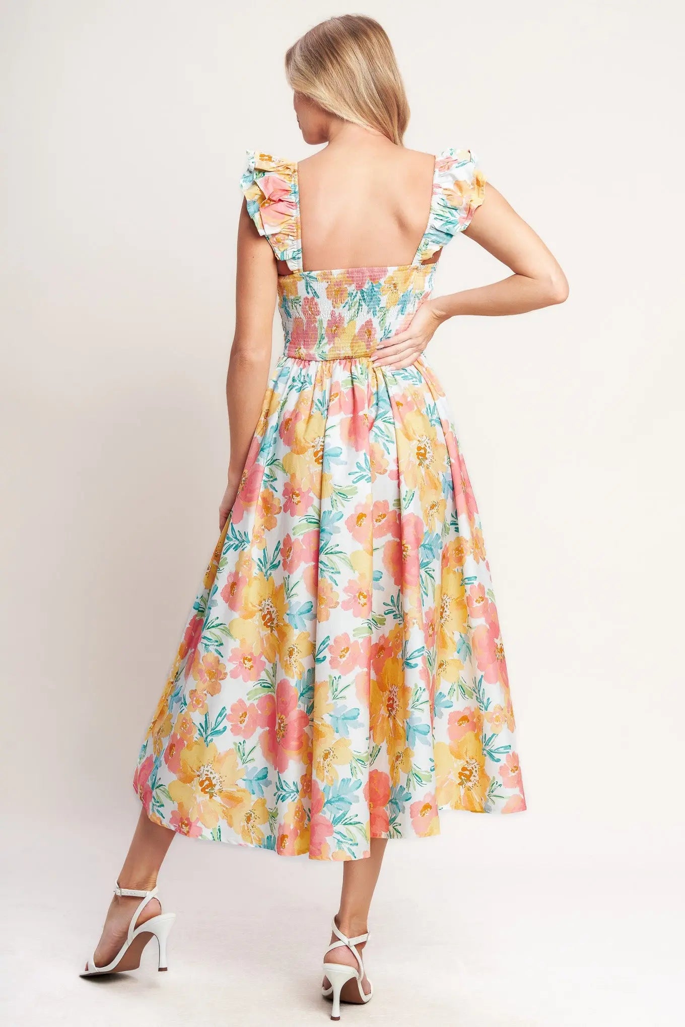Soft Sunshine Floral Cotton Woven Midi Dress With Sweetheart Neckline Flying Tomato