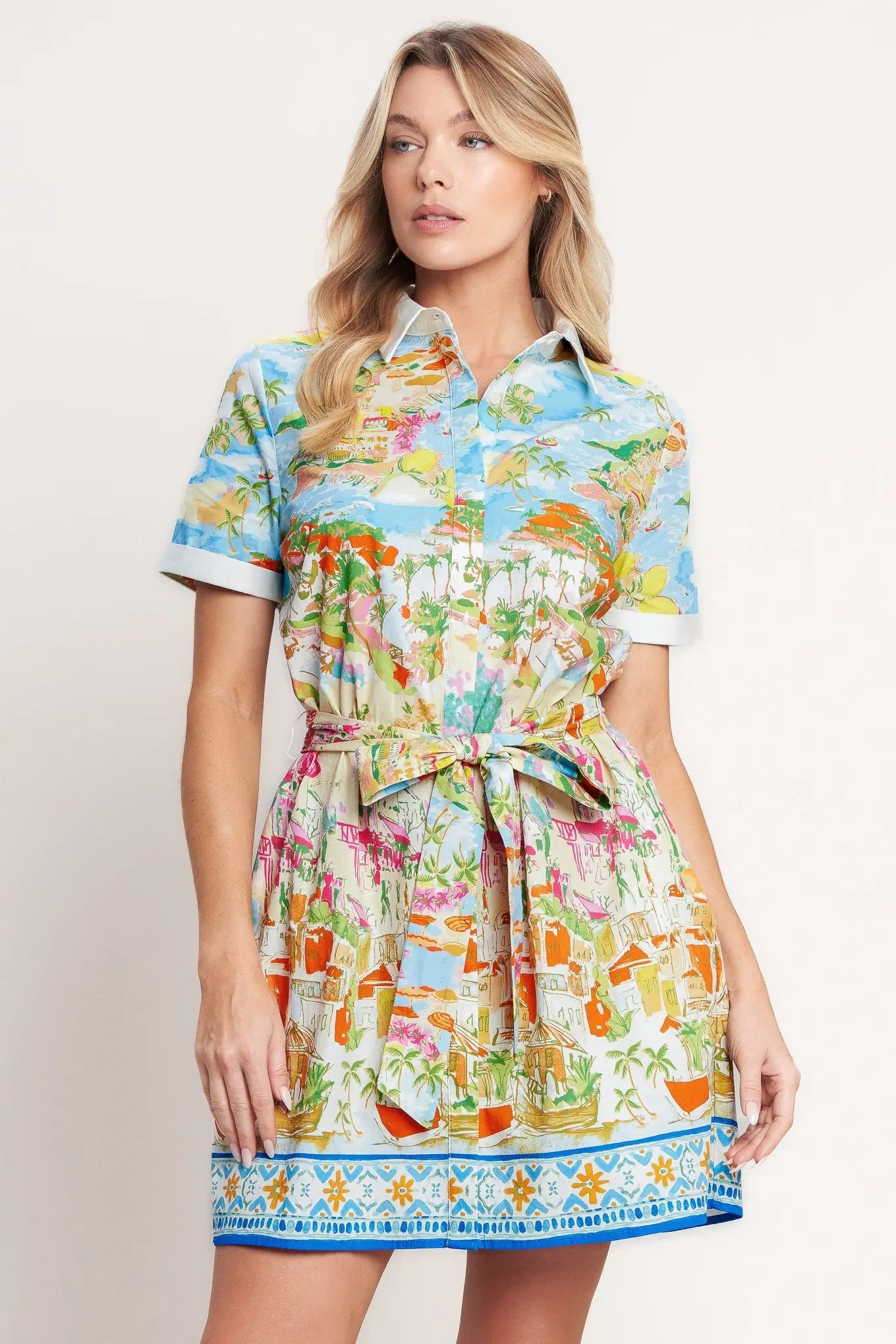 Coastal Market Printed Woven Mini Dress With Self Tie Belt Flying Tomato