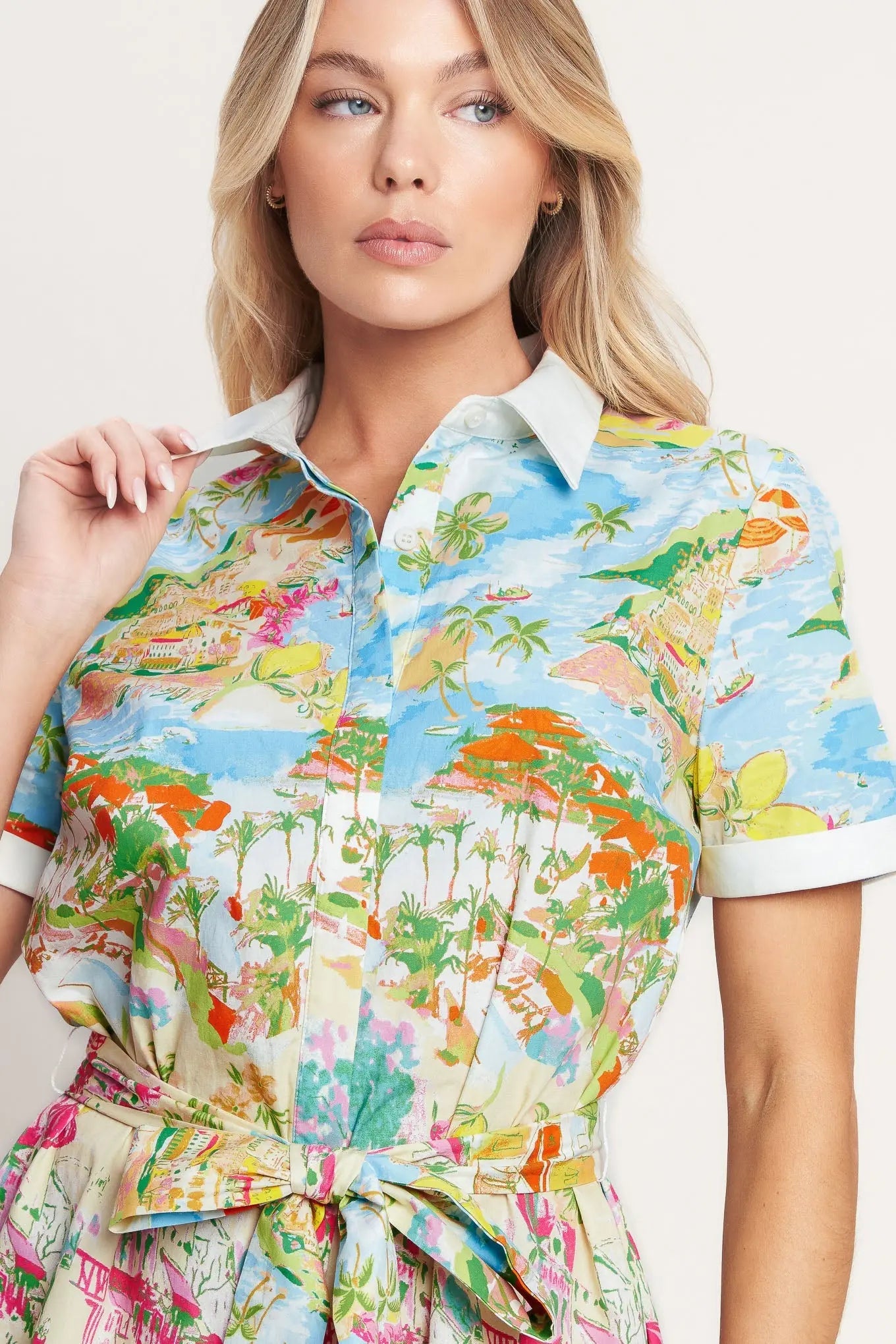 Coastal Market Printed Woven Mini Dress With Self Tie Belt Flying Tomato