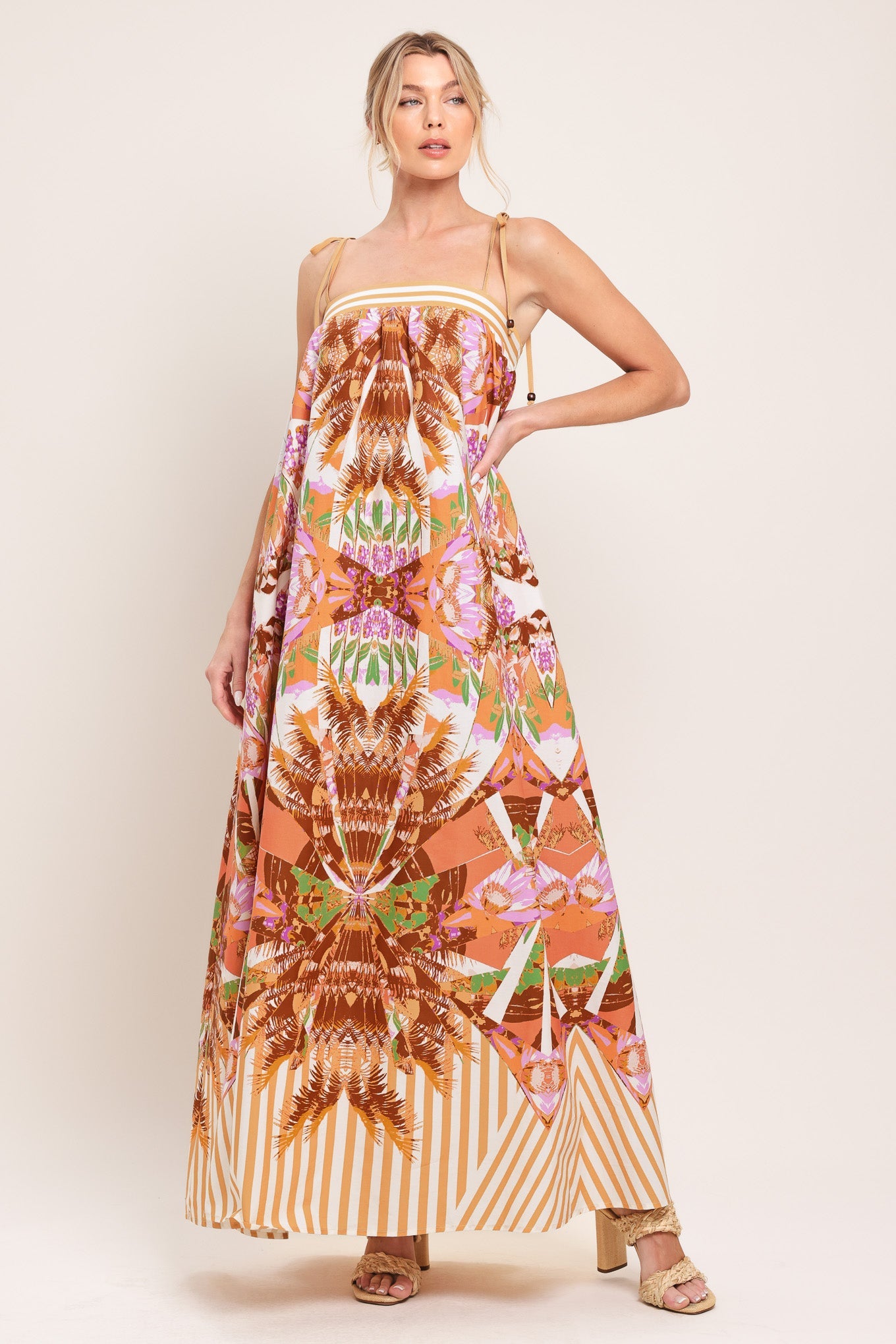 Flying Tomato Palm Oasis Woven Maxi Dress, a close-up of the breathable fabric and elegant drape for comfort.