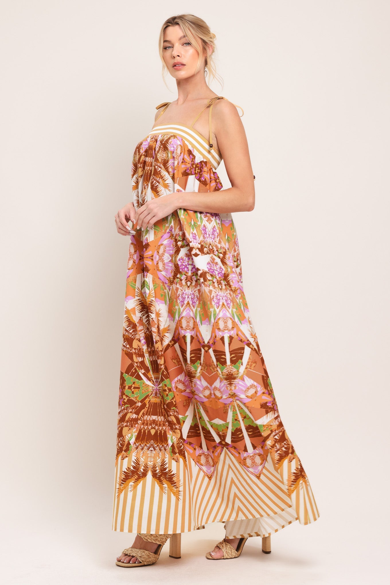 Flying Tomato Palm Oasis Woven Maxi Dress, showing the comfortable fit and stylish design for everyday wear.