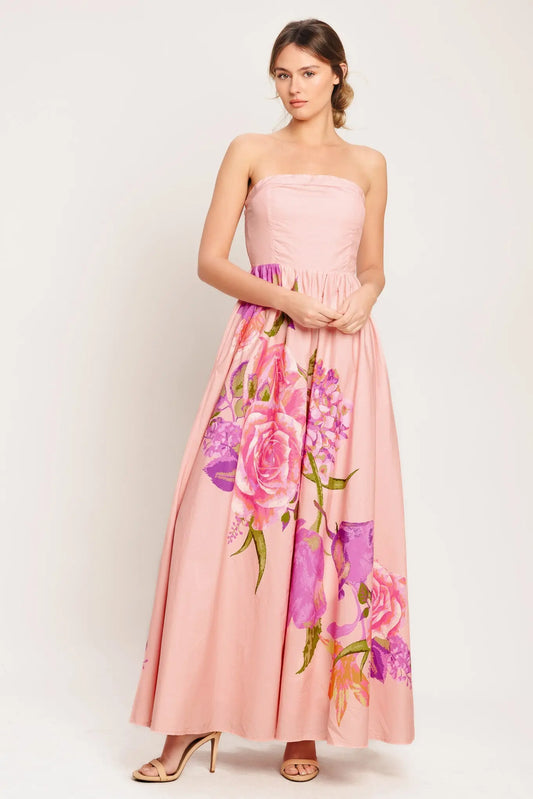 Rose Serenade Strapless Smocked Back Floral Woven Maxi Dress Pink Flying Tomato