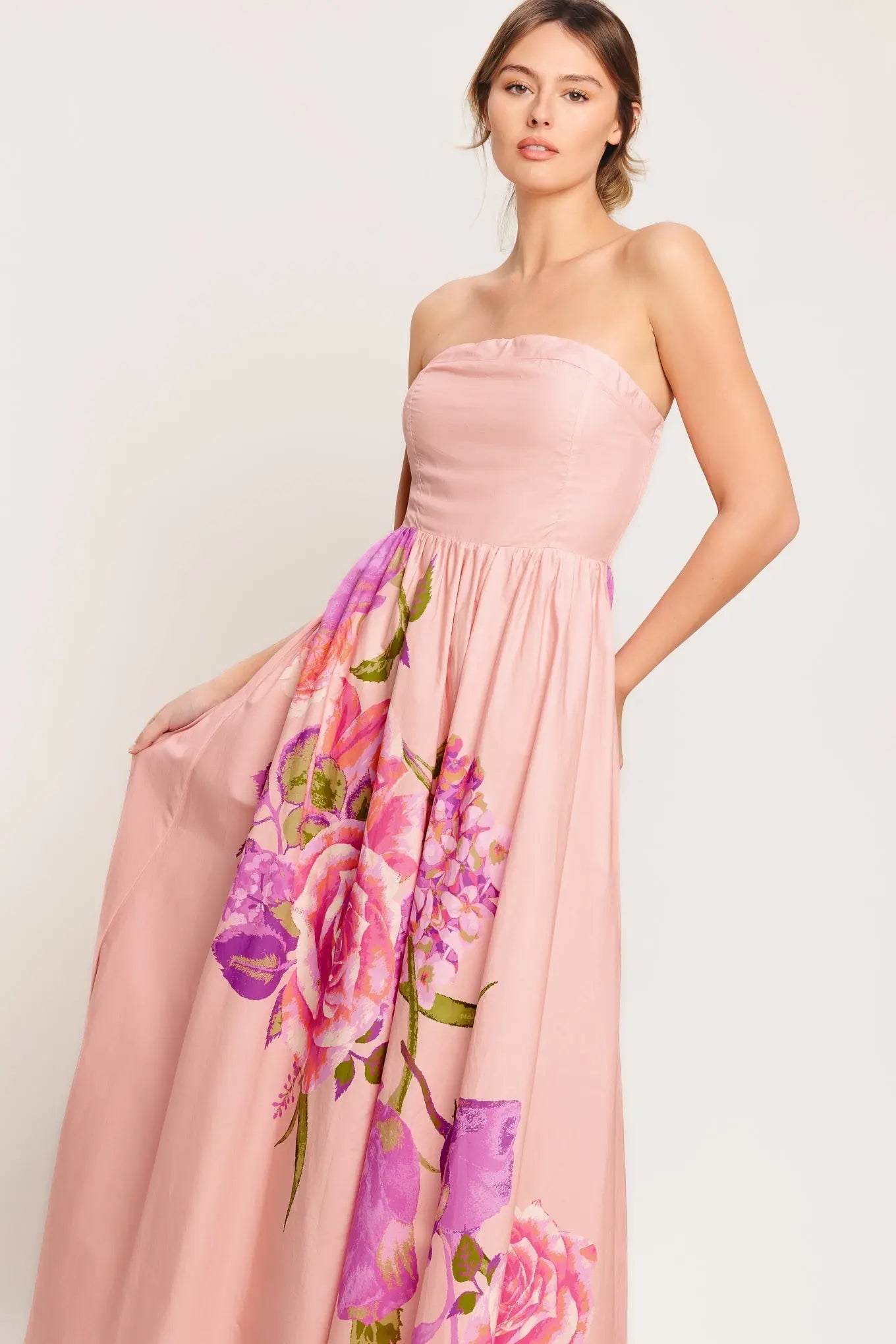 Rose Serenade Strapless Smocked Back Floral Woven Maxi Dress Pink Flying Tomato