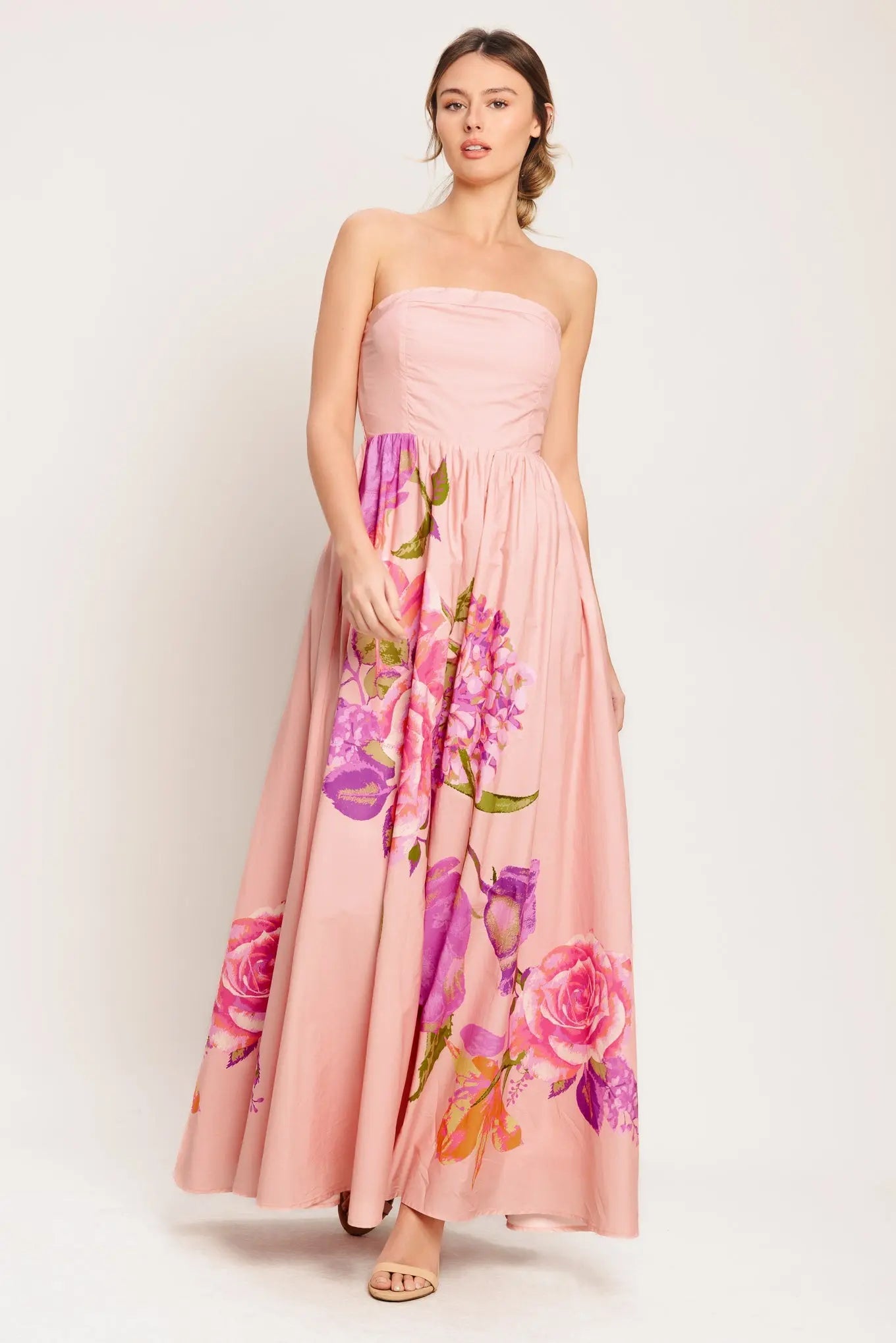 Rose Serenade Strapless Smocked Back Floral Woven Maxi Dress Pink Flying Tomato