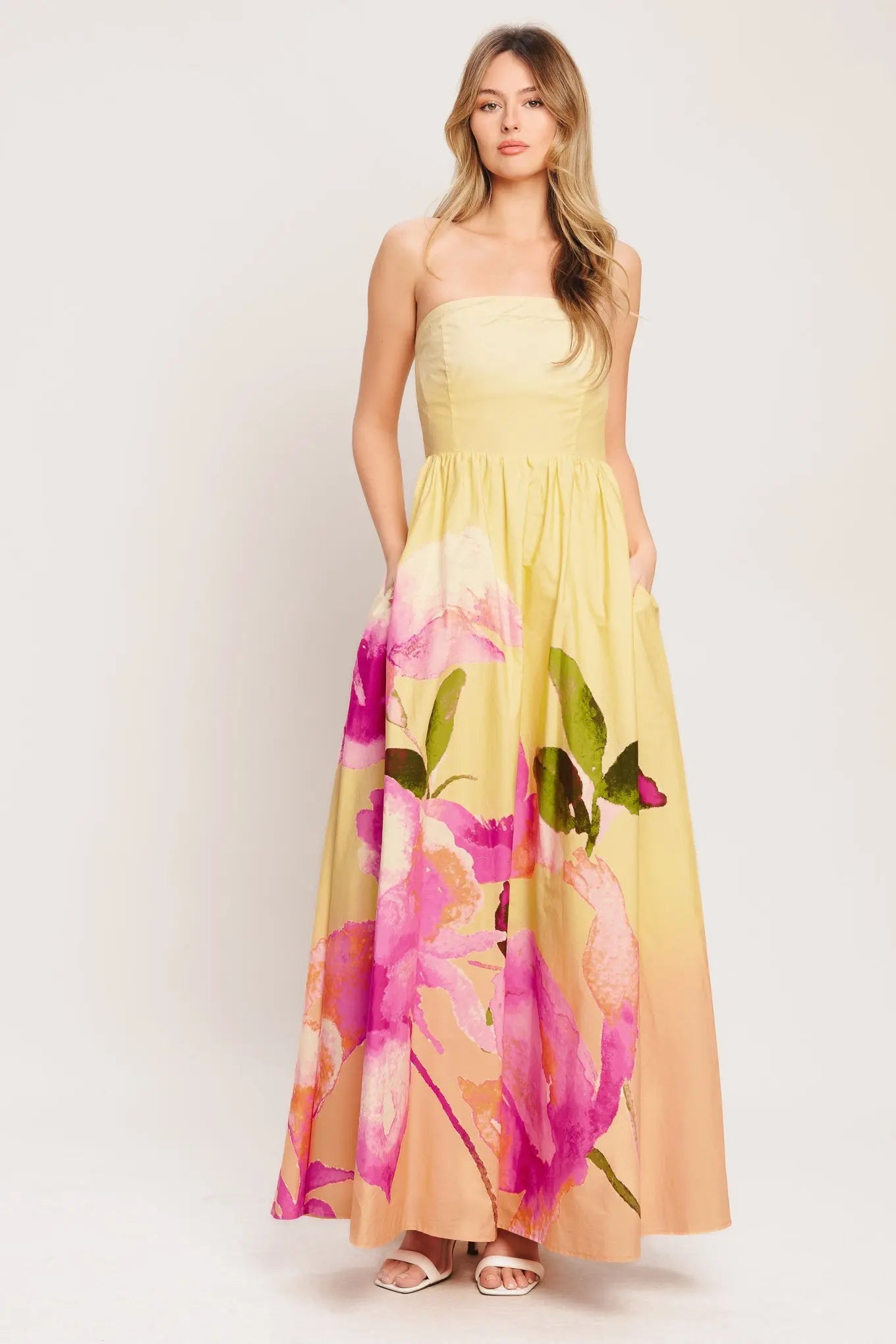 Dreamy Ombre Floral Print Strapless Smocked Woven Maxi Dress Flying Tomato
