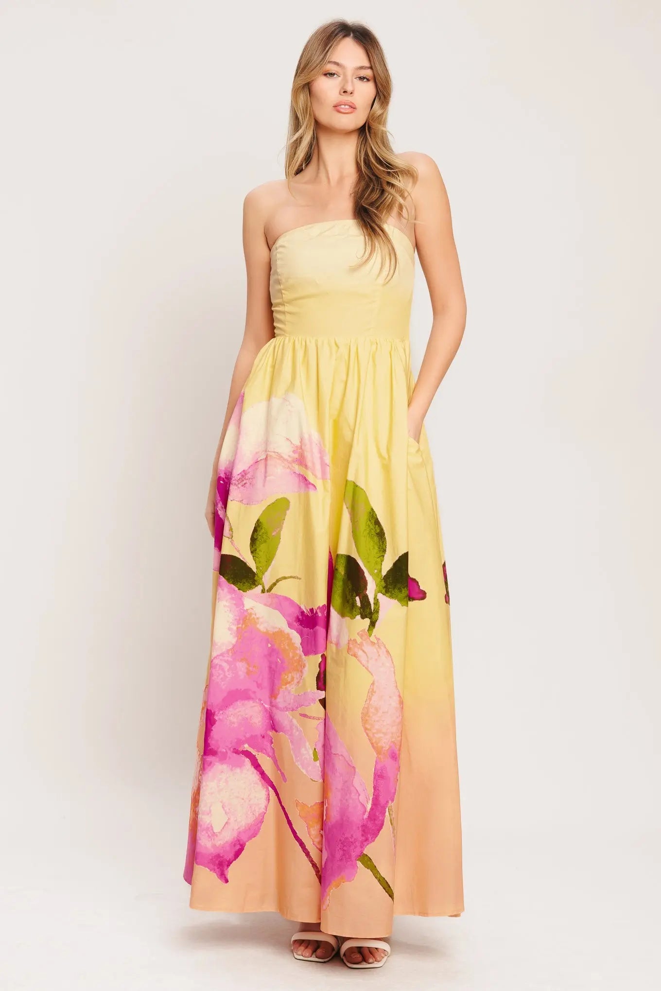 Dreamy Ombre Floral Print Strapless Smocked Woven Maxi Dress Flying Tomato