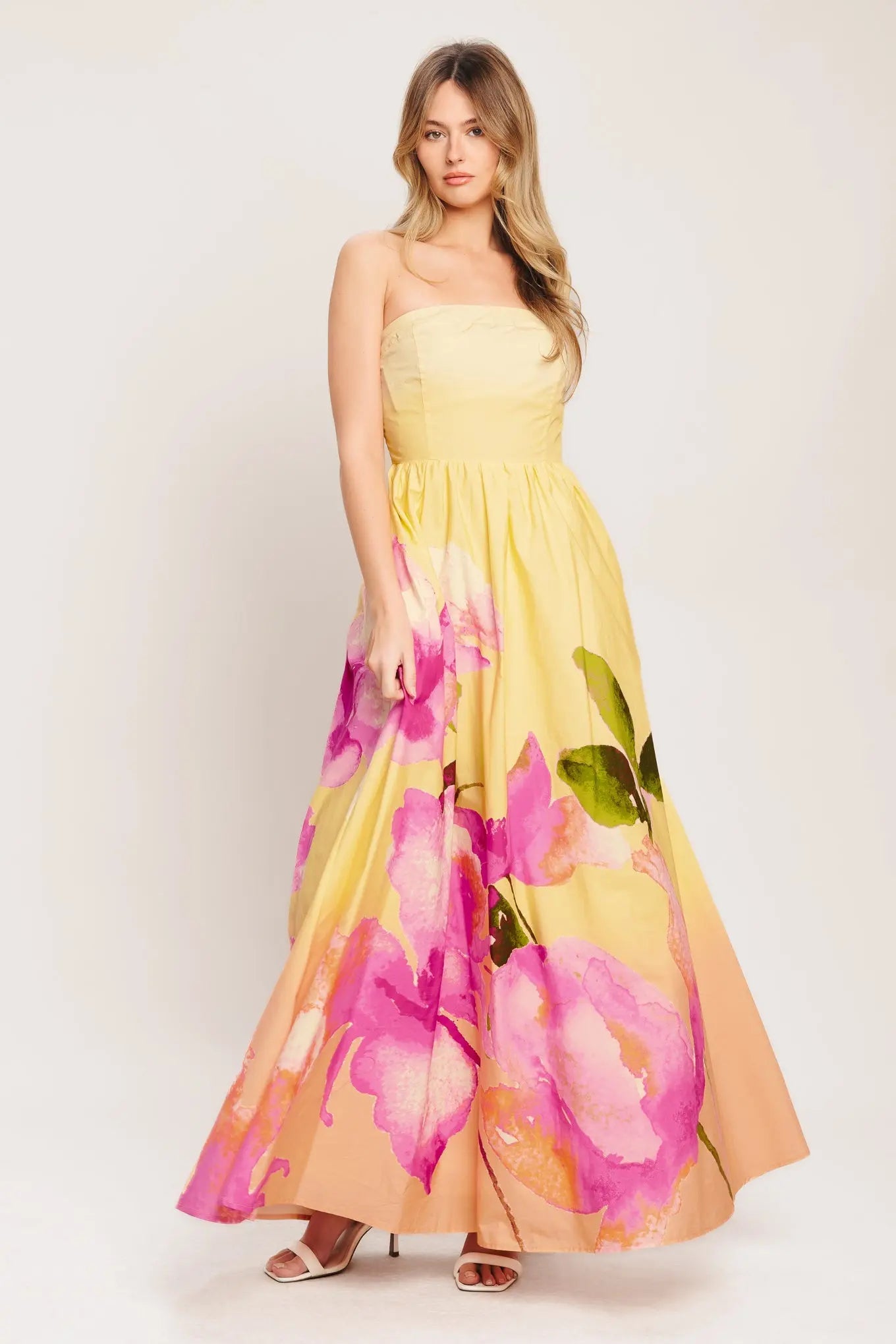 Dreamy Ombre Floral Print Strapless Smocked Woven Maxi Dress Flying Tomato