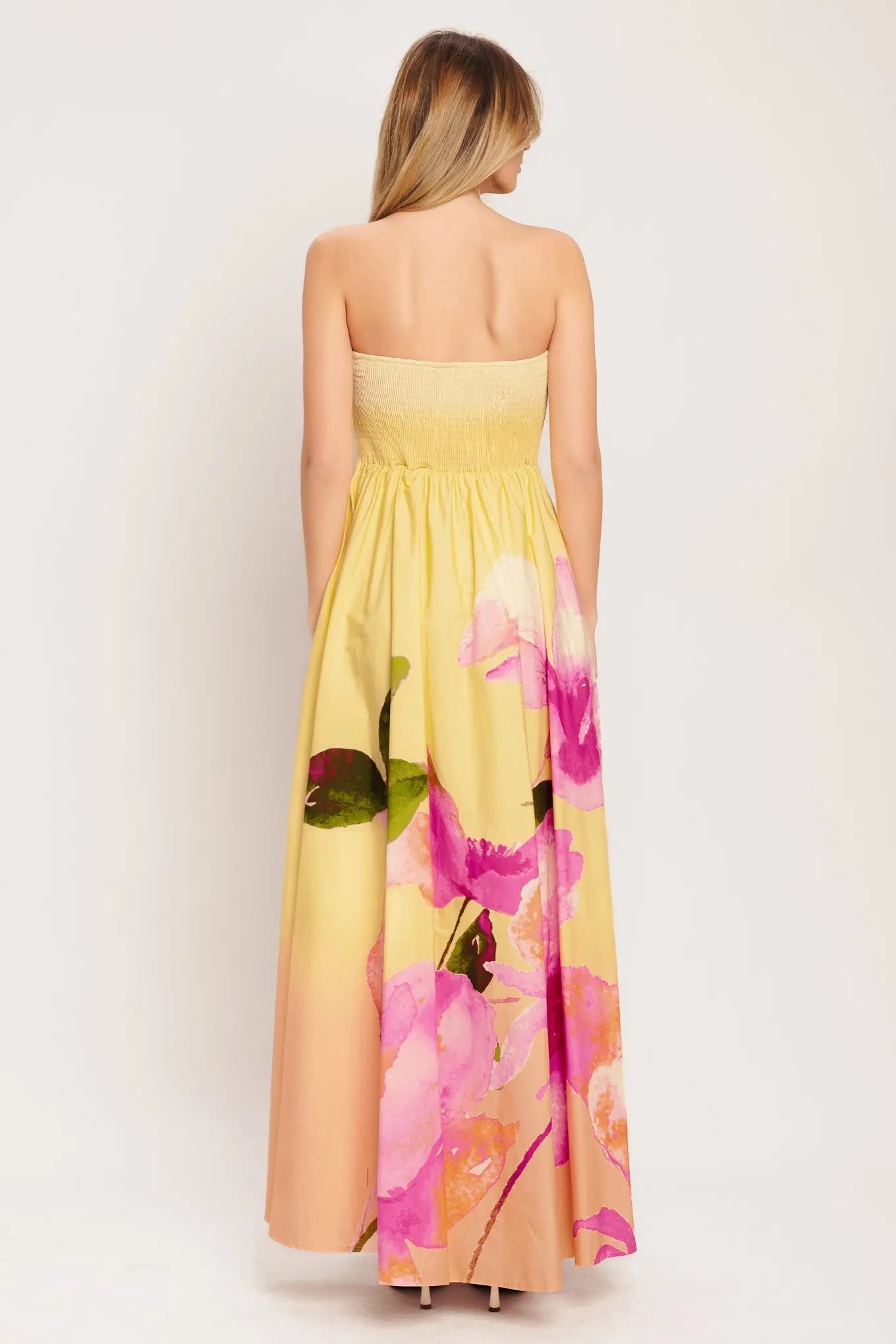 Dreamy Ombre Floral Print Strapless Smocked Woven Maxi Dress Flying Tomato