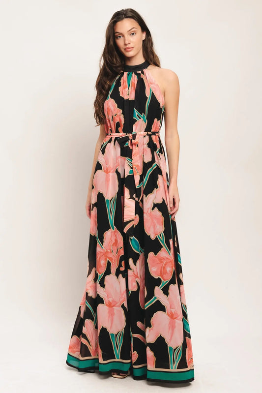 Garden Noir Floral Halter Maxi Dress With Belt And Back Neck Button Closure Flying Tomato