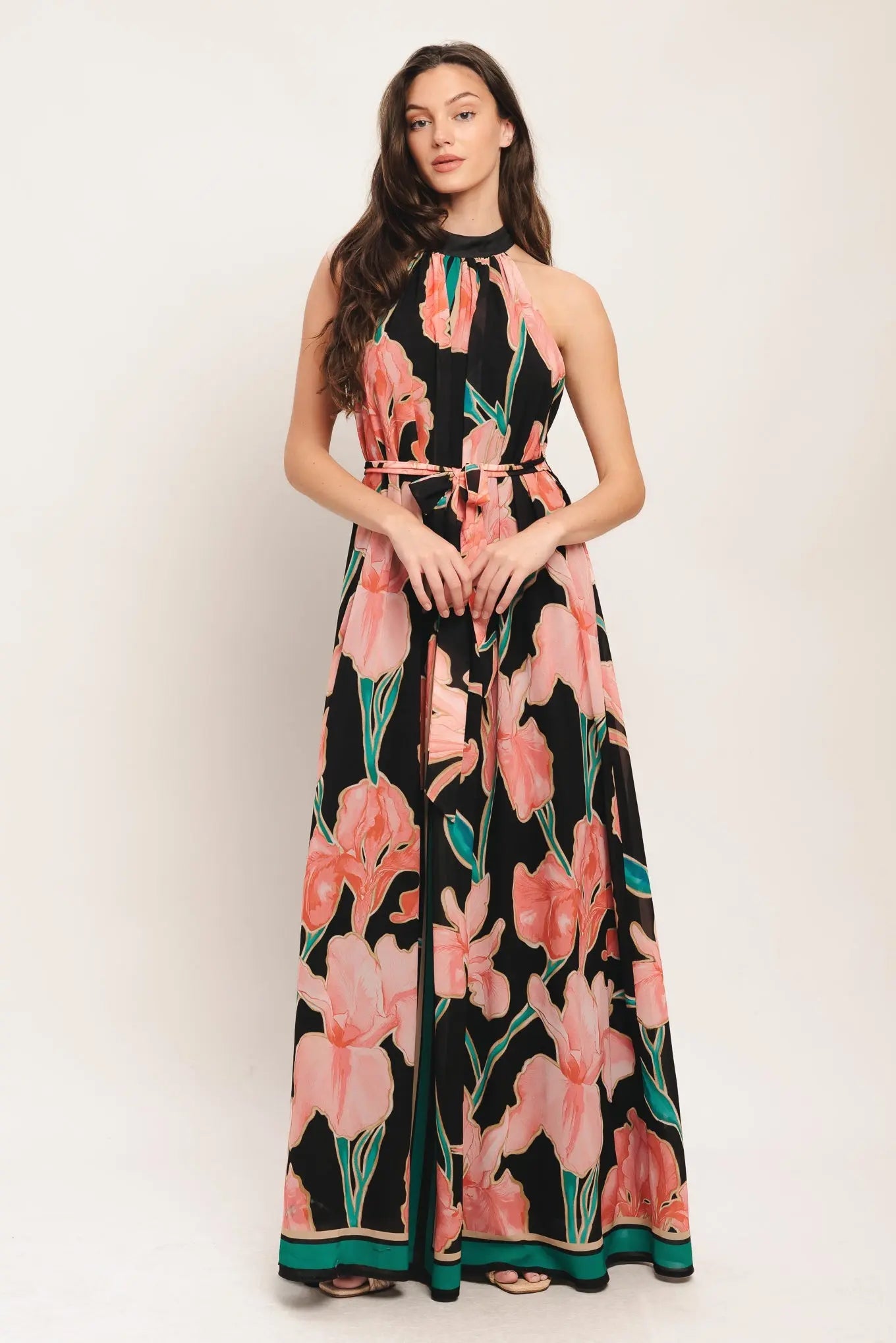 Garden Noir Floral Halter Maxi Dress With Belt And Back Neck Button Closure Flying Tomato