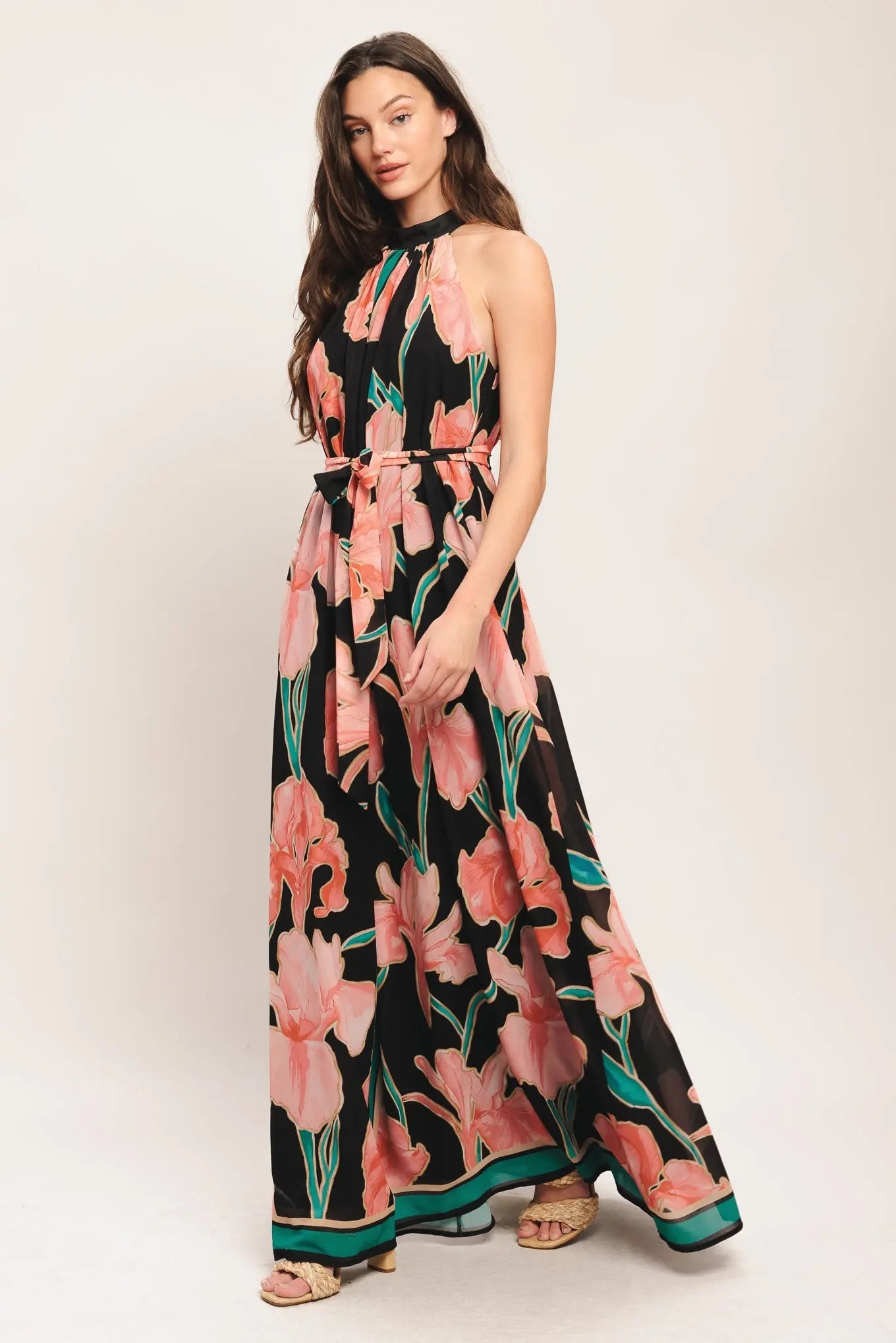 Garden Noir Floral Halter Maxi Dress With Belt And Back Neck Button Closure Flying Tomato