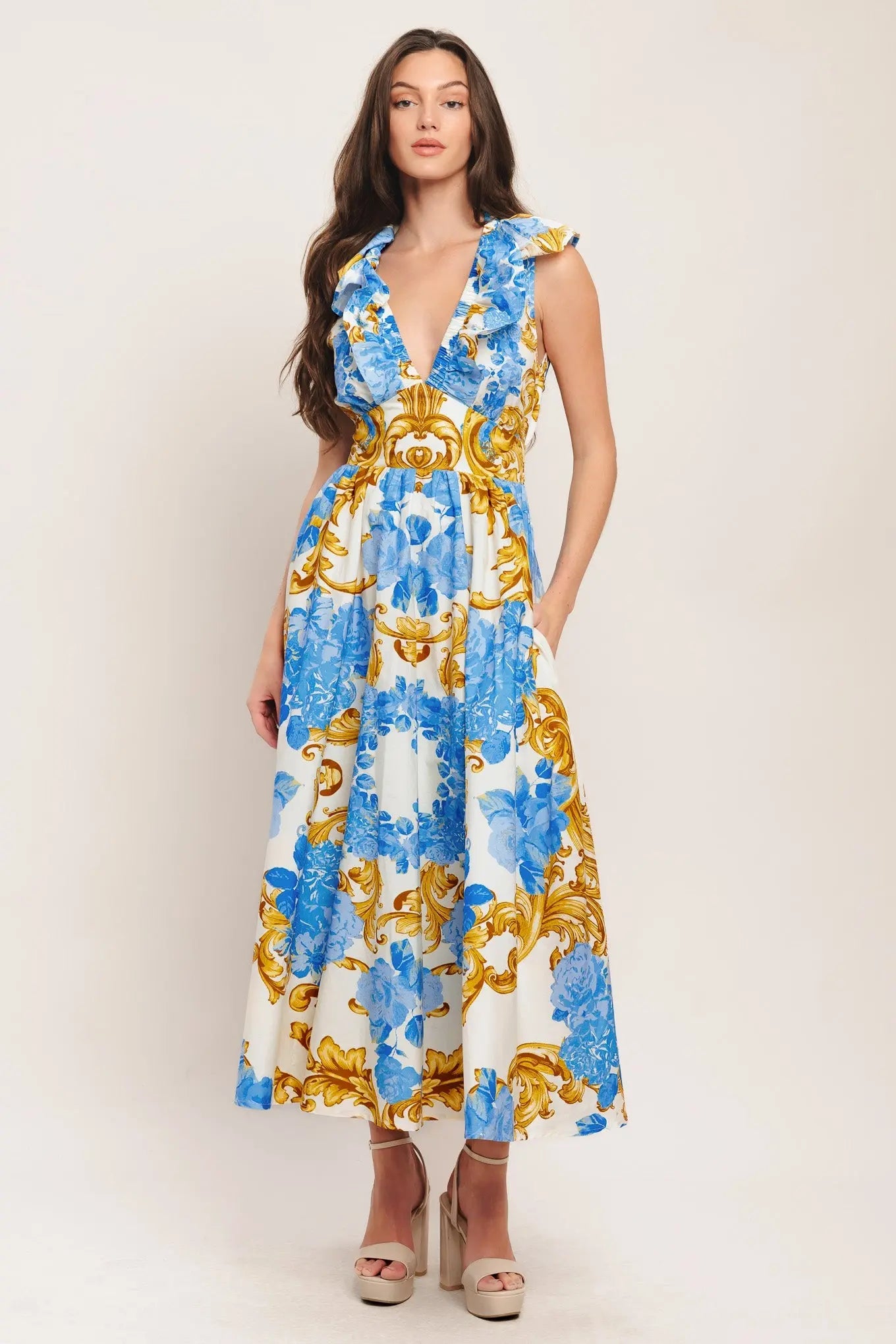 Baroque Bloom Print Woven Midi Dress With V Neck And Ruffle Collar Flying Tomato