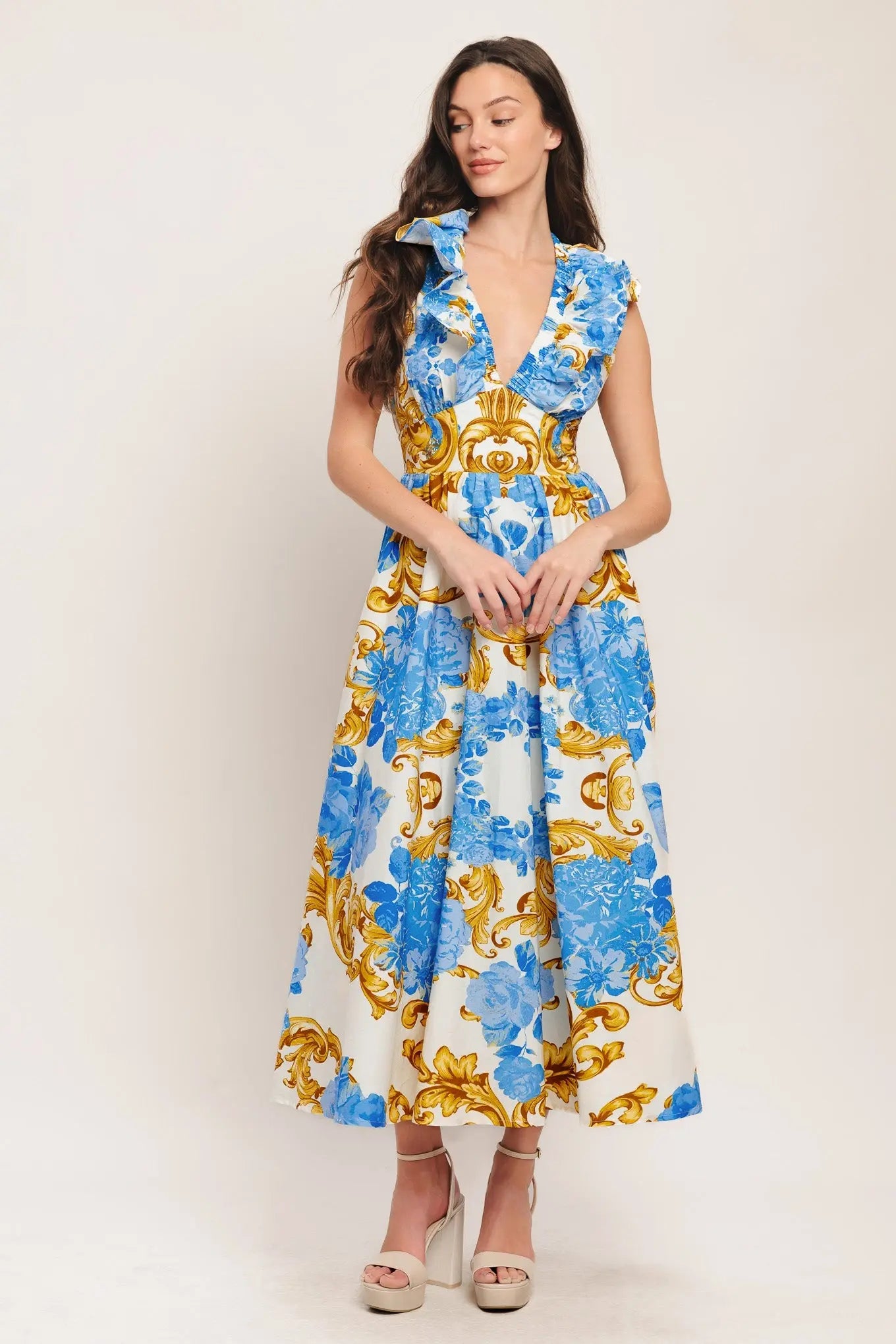 Baroque Bloom Print Woven Midi Dress With V Neck And Ruffle Collar Flying Tomato