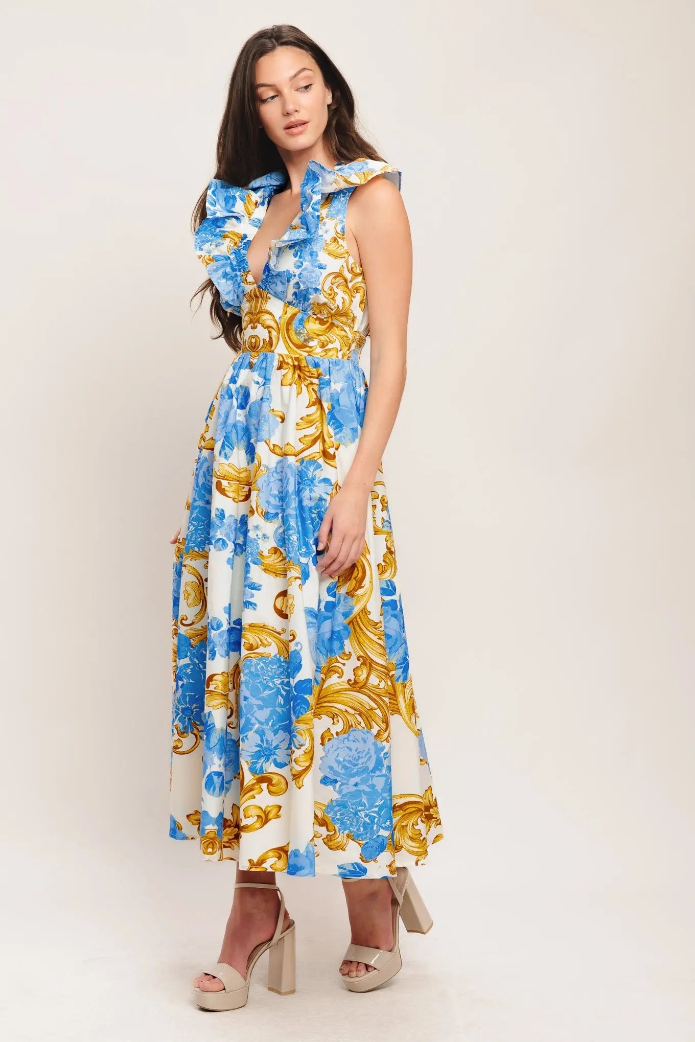 Baroque Bloom Print Woven Midi Dress With V Neck And Ruffle Collar Flying Tomato