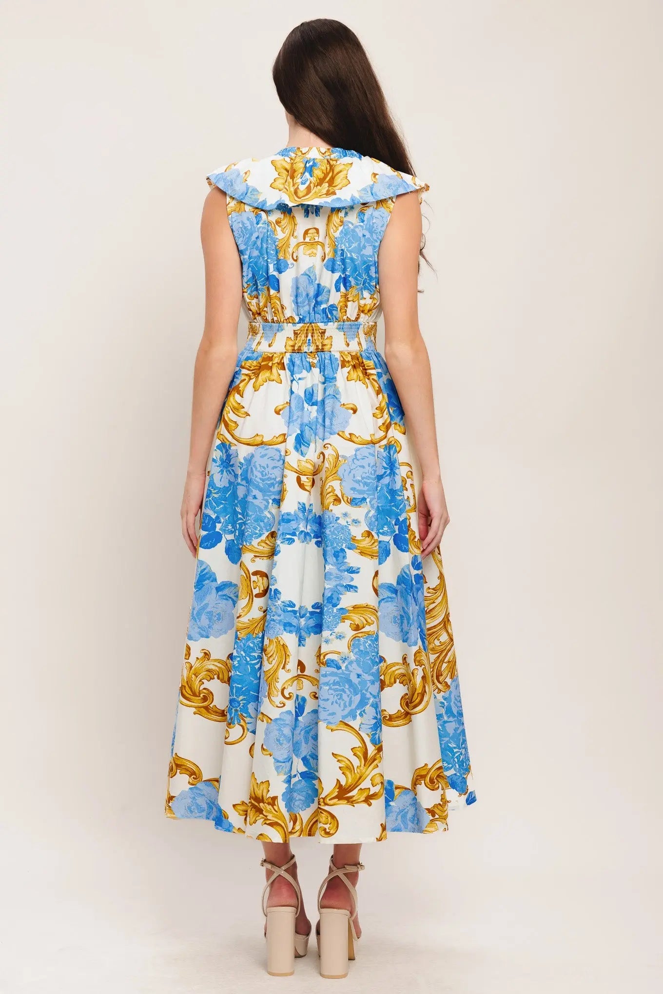 Baroque Bloom Print Woven Midi Dress With V Neck And Ruffle Collar Flying Tomato