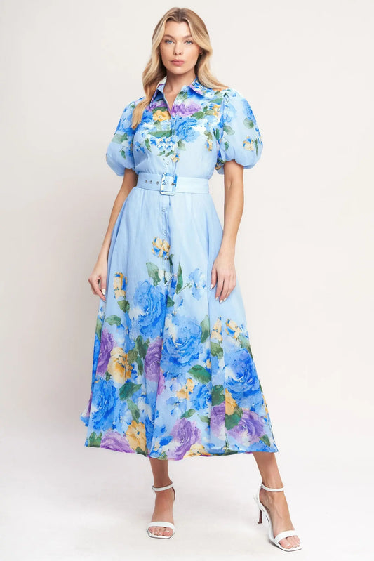 Springtime Floral Print Woven Midi Dress With Belt And Puff Sleeves Flying Tomato