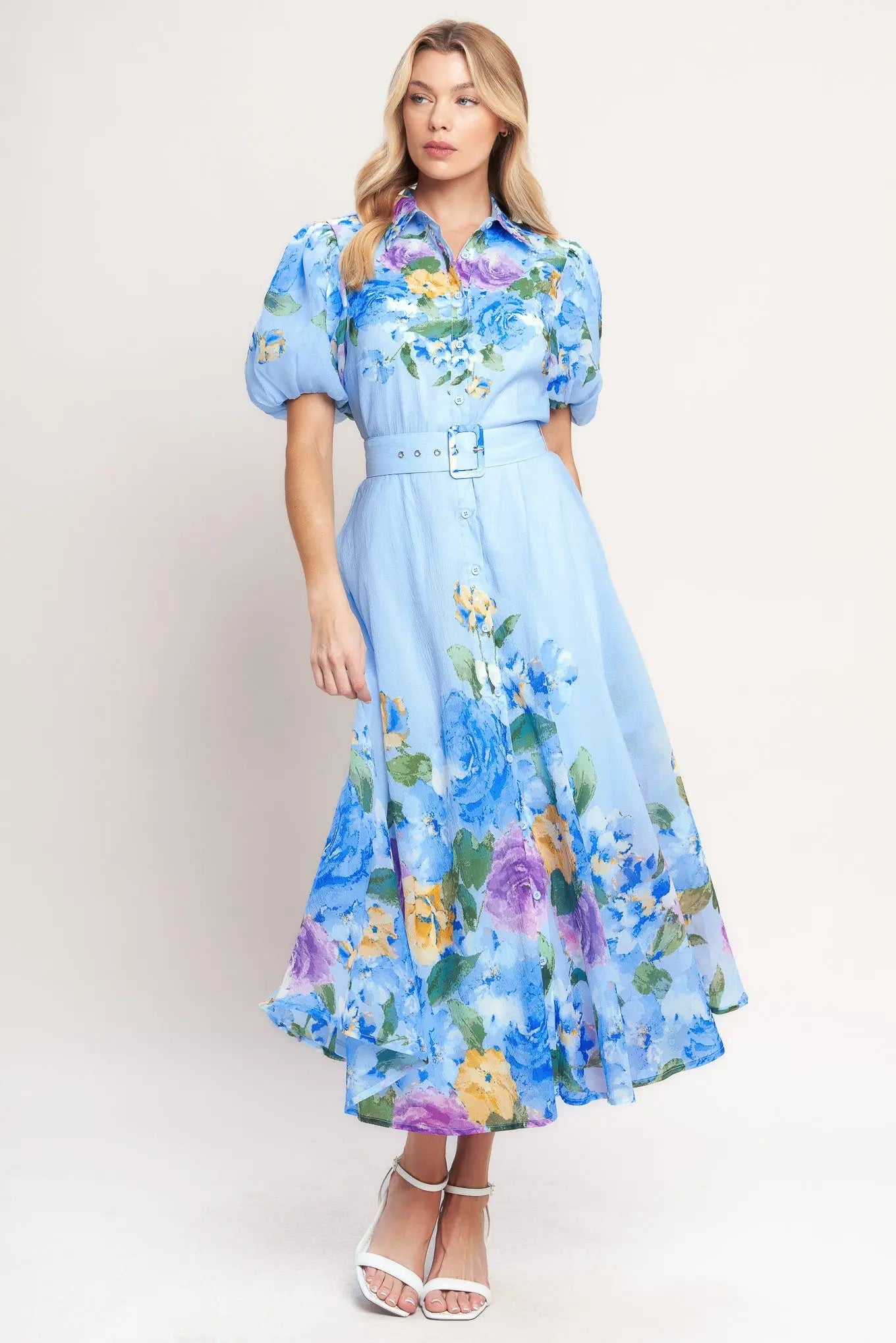 Springtime Floral Print Woven Midi Dress With Belt And Puff Sleeves Flying Tomato