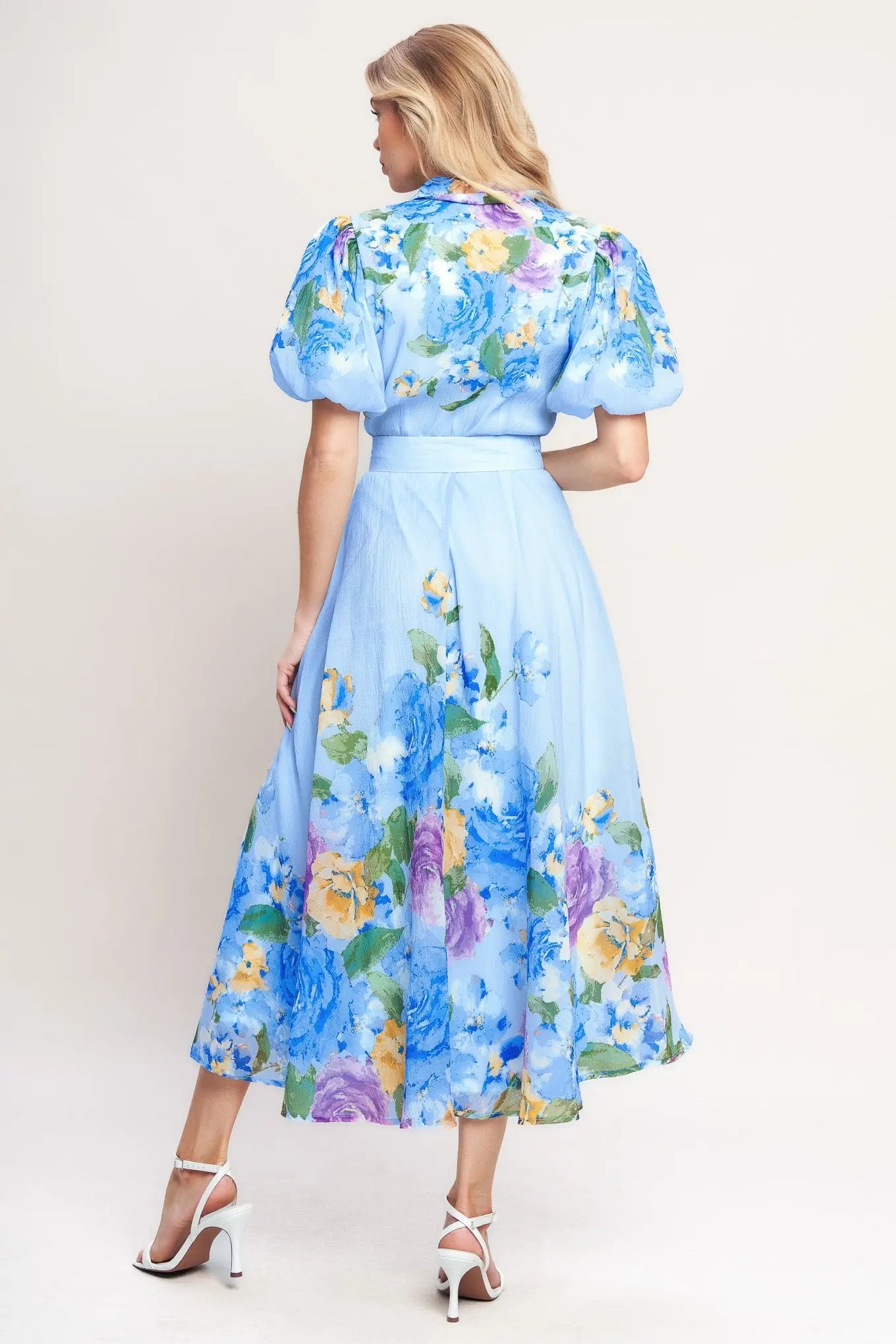 Springtime Floral Print Woven Midi Dress With Belt And Puff Sleeves Flying Tomato