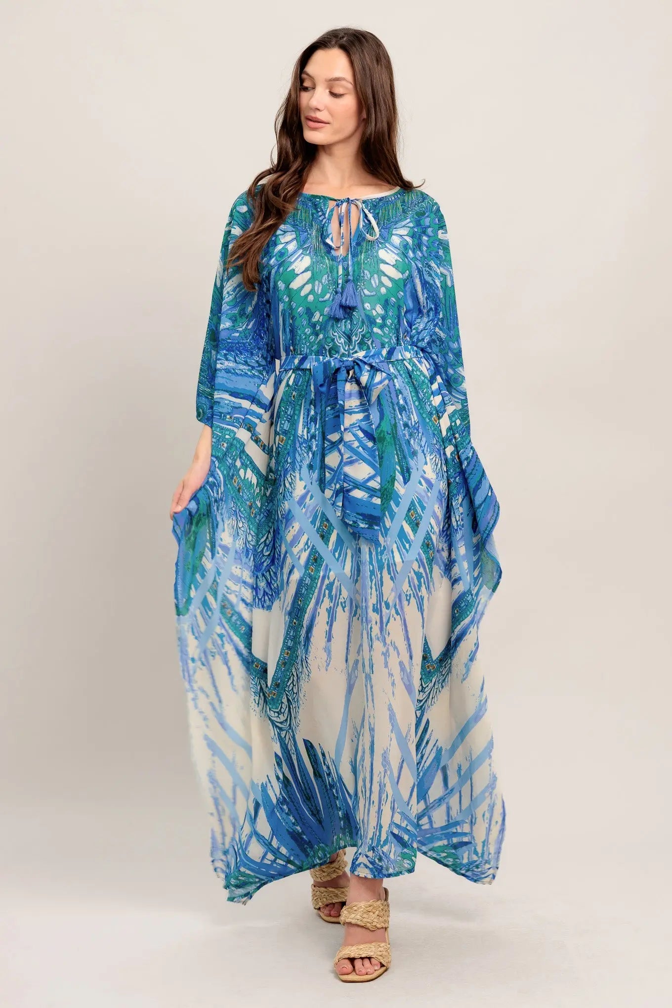 Just Landed in Paradise Woven Kaftan Maxi Dress With Front Tie Tassel Flying Tomato