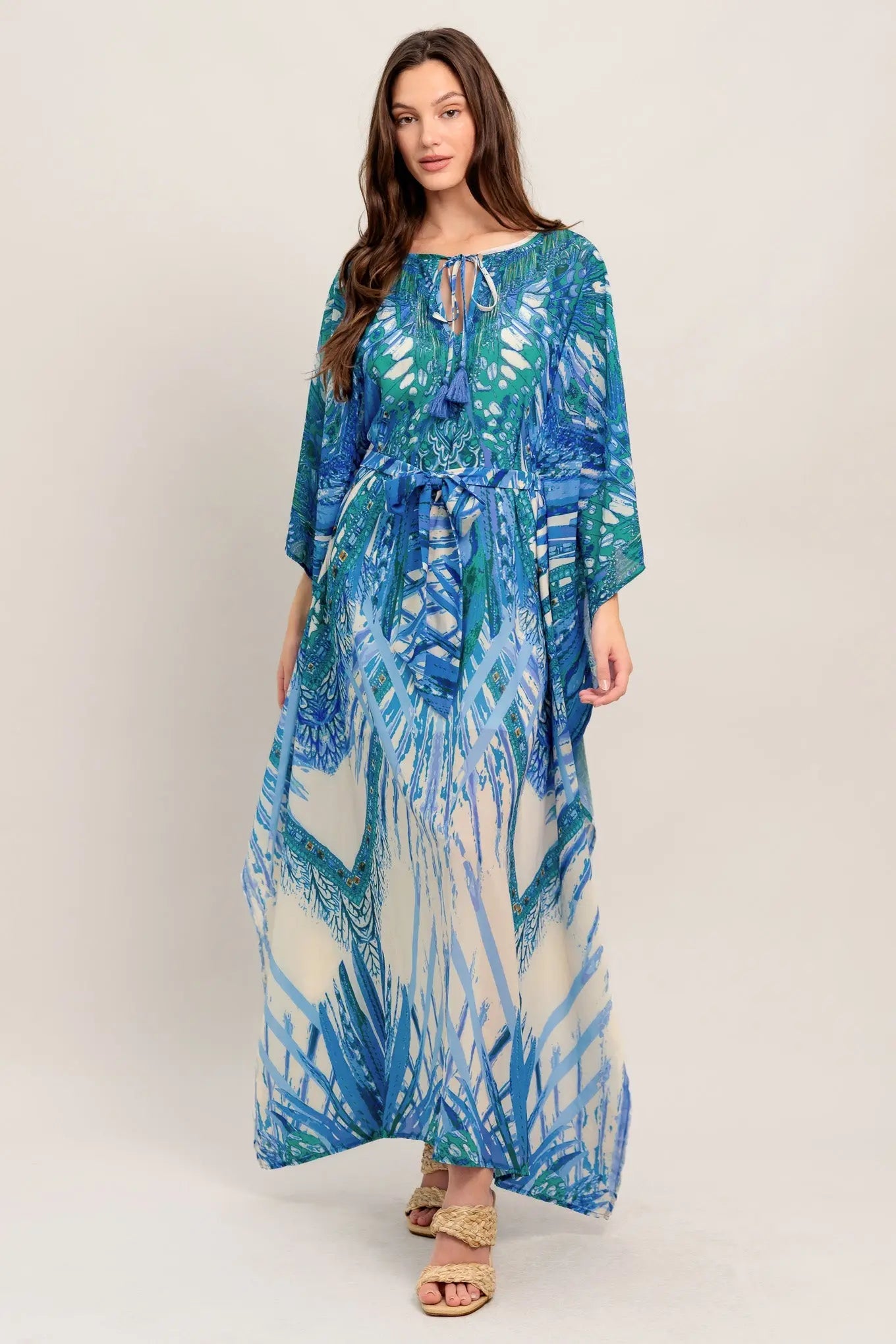 Just Landed in Paradise Woven Kaftan Maxi Dress With Front Tie Tassel Flying Tomato