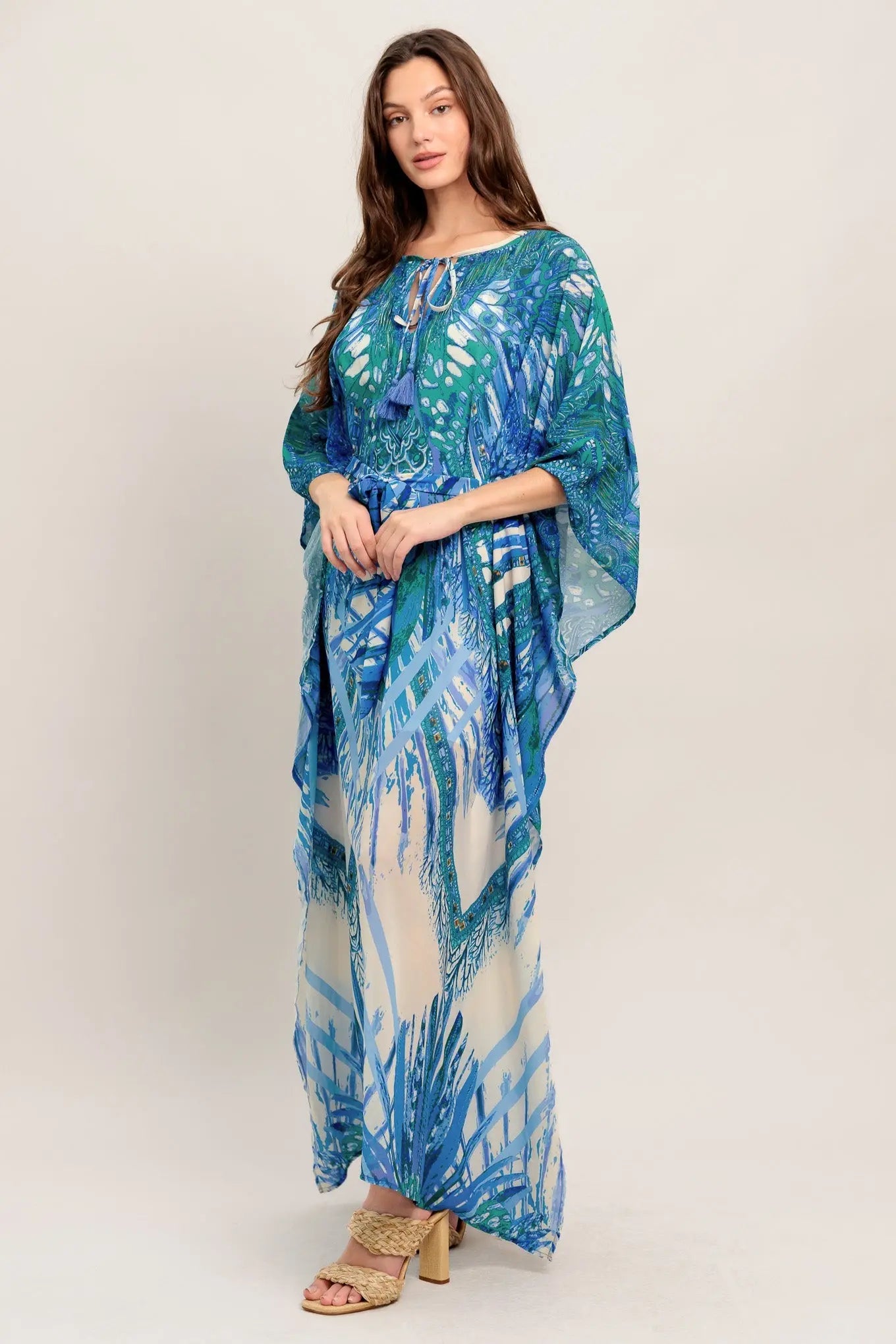 Just Landed in Paradise Woven Kaftan Maxi Dress With Front Tie Tassel Flying Tomato