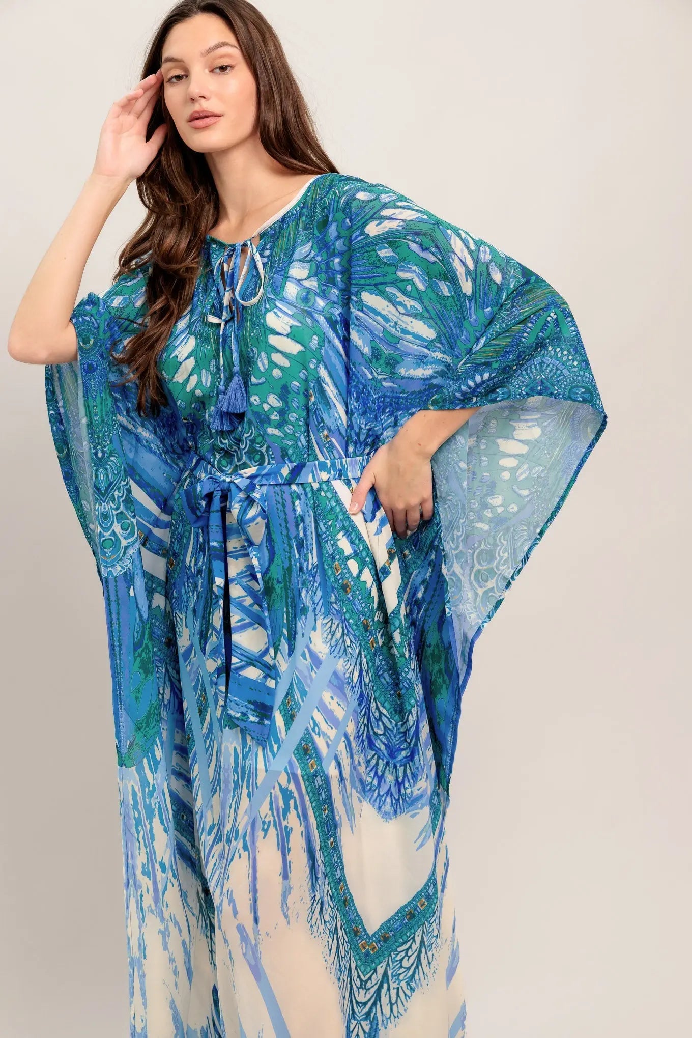 Just Landed in Paradise Woven Kaftan Maxi Dress With Front Tie Tassel Flying Tomato