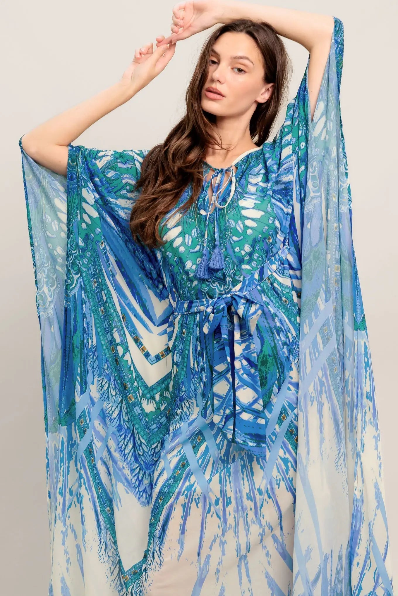Just Landed in Paradise Woven Kaftan Maxi Dress With Front Tie Tassel Flying Tomato