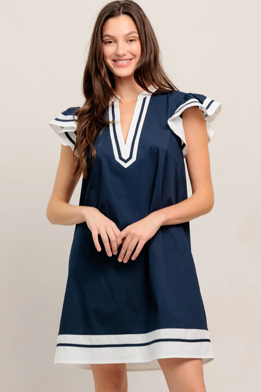 Portside Polish Woven Color Blocked Mini Dress With V Neck And Ruffle Sleeves Flying Tomato