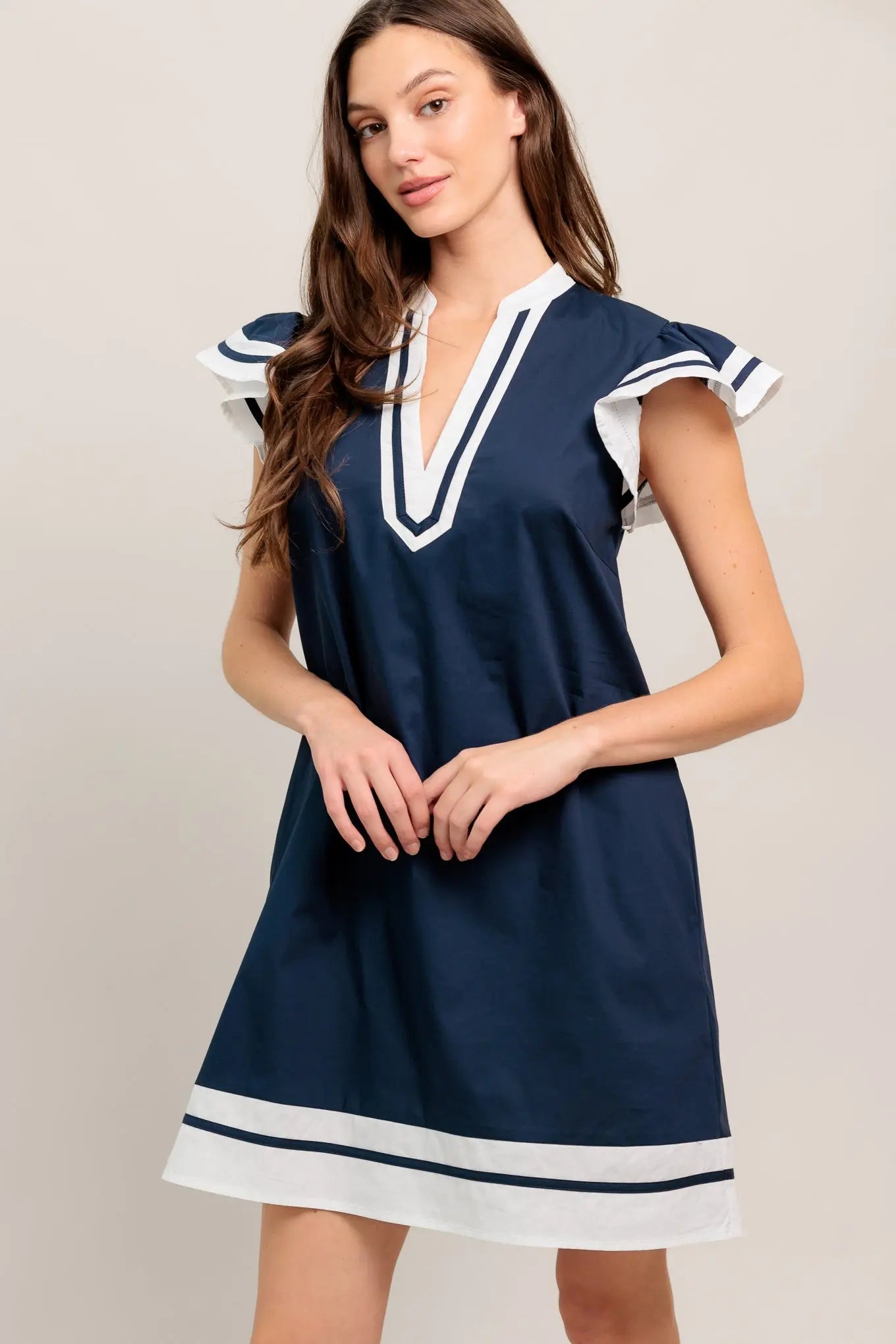 Portside Polish Woven Color Blocked Mini Dress With V Neck And Ruffle Sleeves Flying Tomato