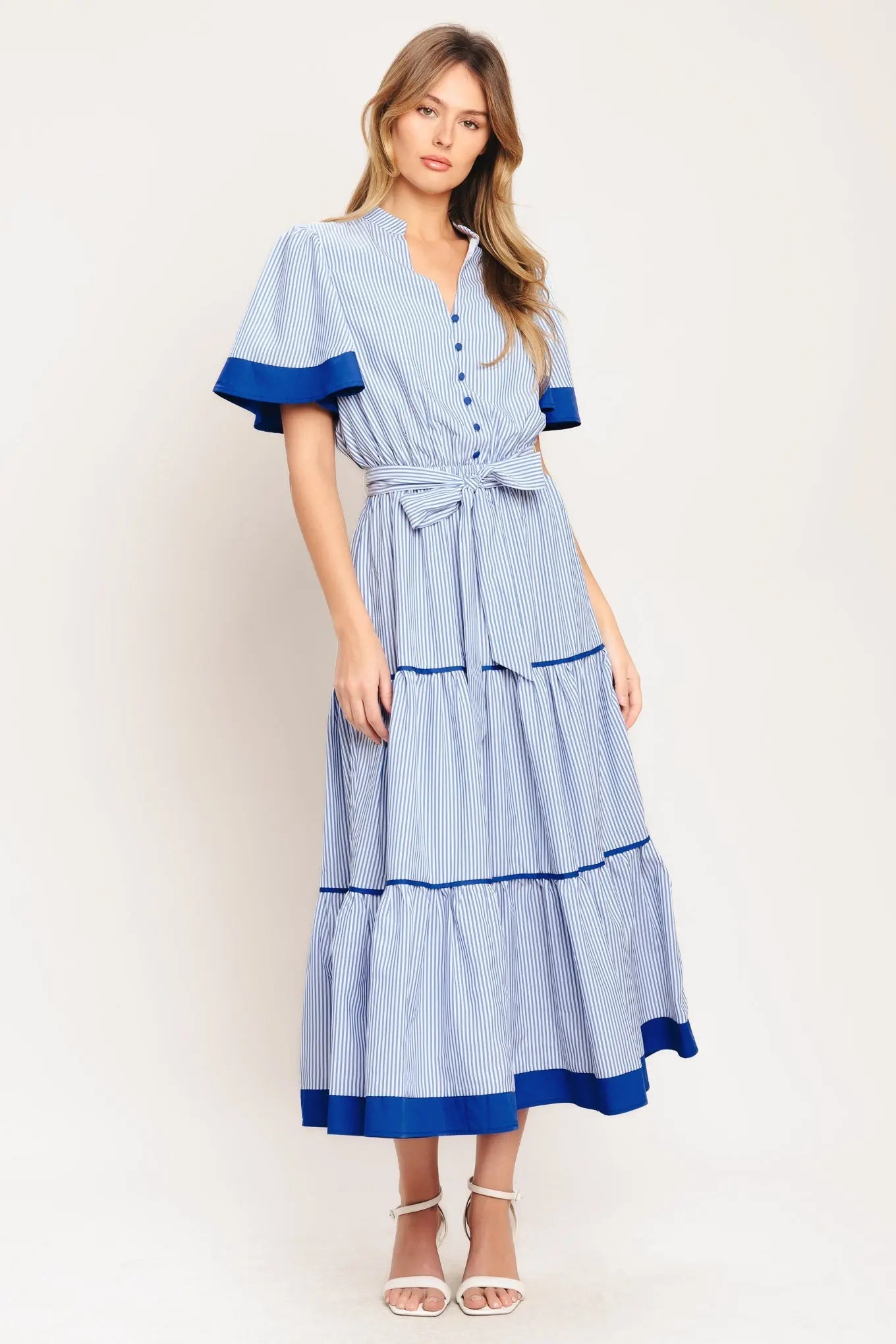 Paris Morning Blue Striped Woven Midi Dress With Self Tie Waist Flying Tomato