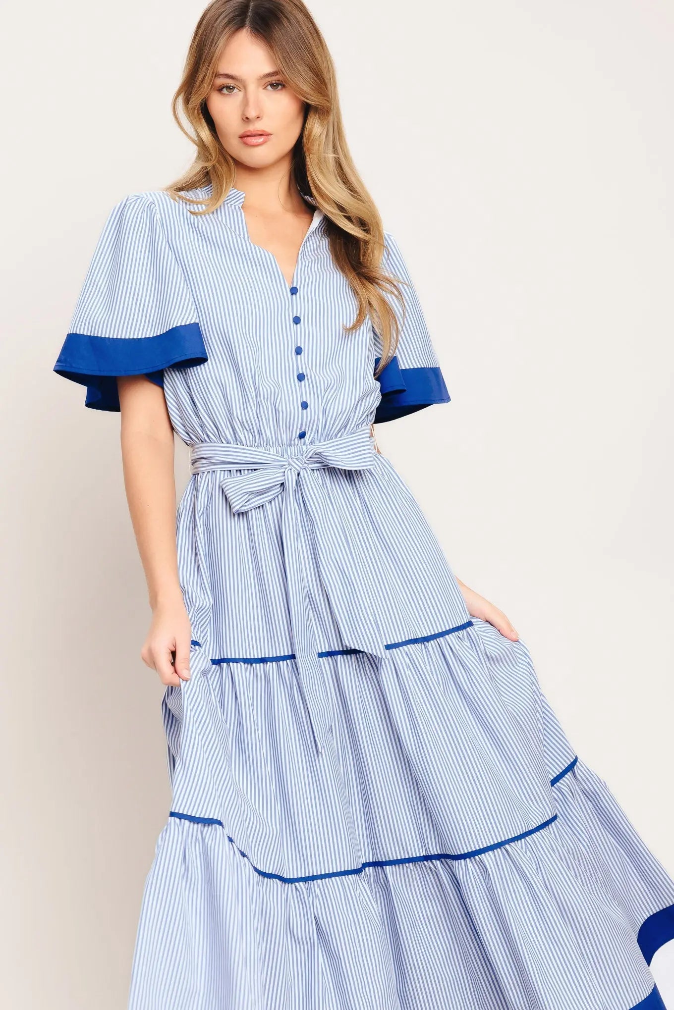 Paris Morning Blue Striped Woven Midi Dress With Self Tie Waist Flying Tomato