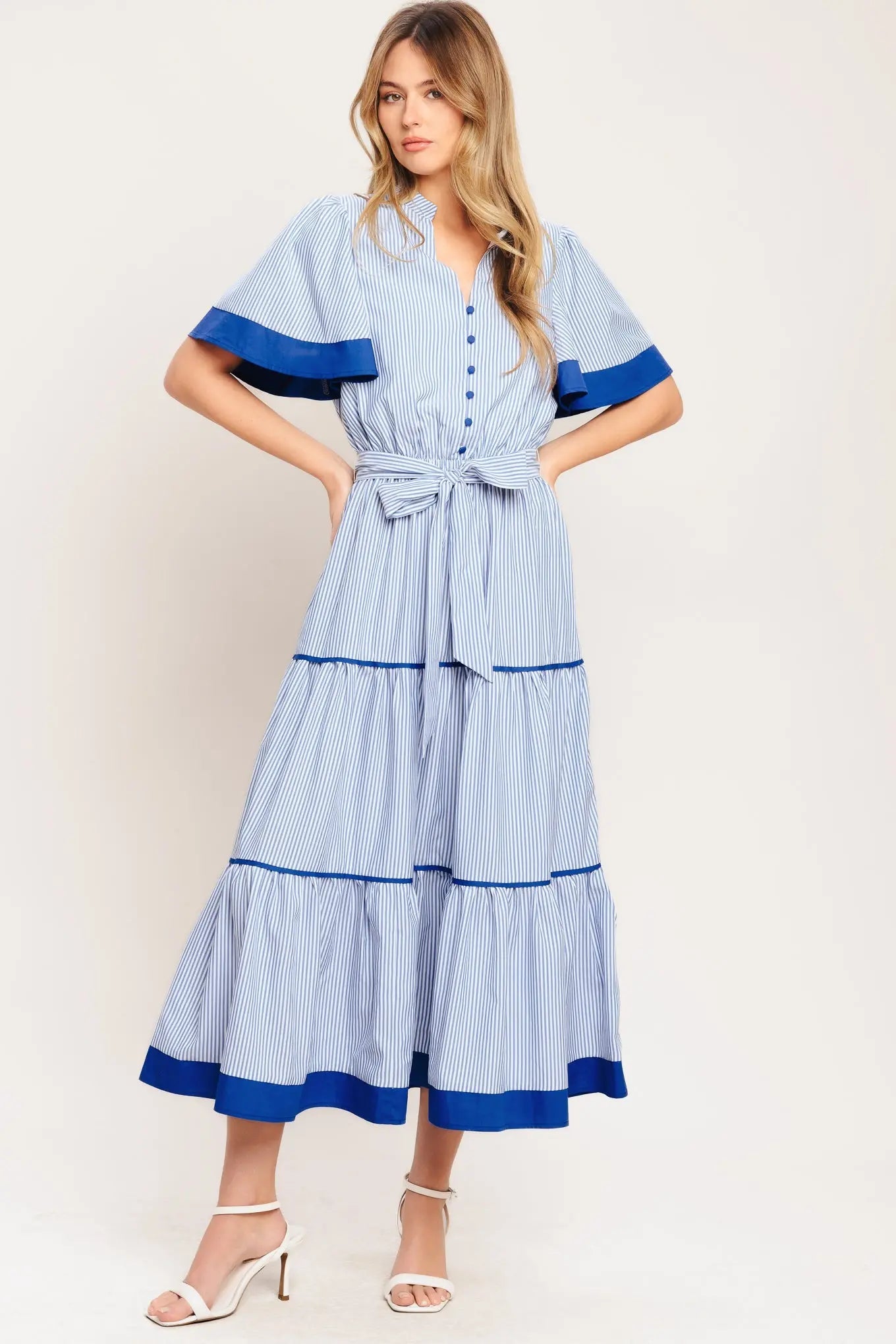 Paris Morning Blue Striped Woven Midi Dress With Self Tie Waist Flying Tomato