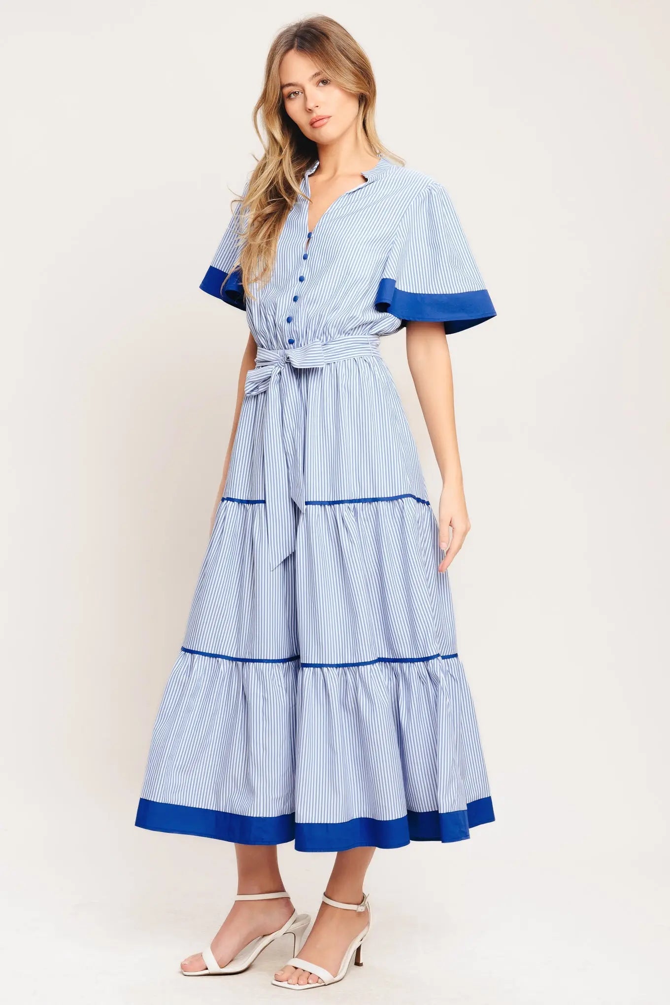 Paris Morning Blue Striped Woven Midi Dress With Self Tie Waist Flying Tomato