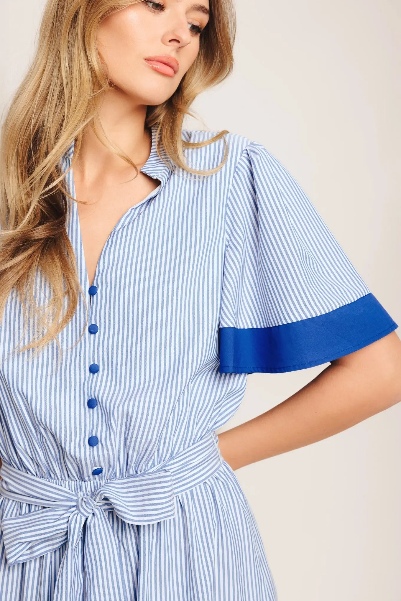 Paris Morning Blue Striped Woven Midi Dress With Self Tie Waist Flying Tomato