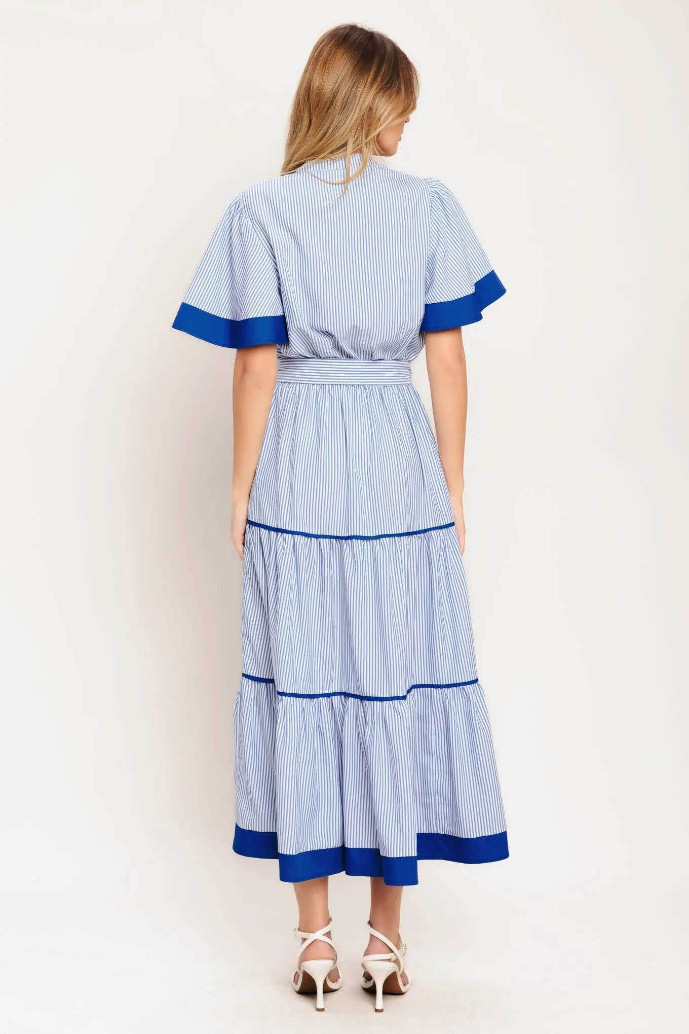 Paris Morning Blue Striped Woven Midi Dress With Self Tie Waist Flying Tomato