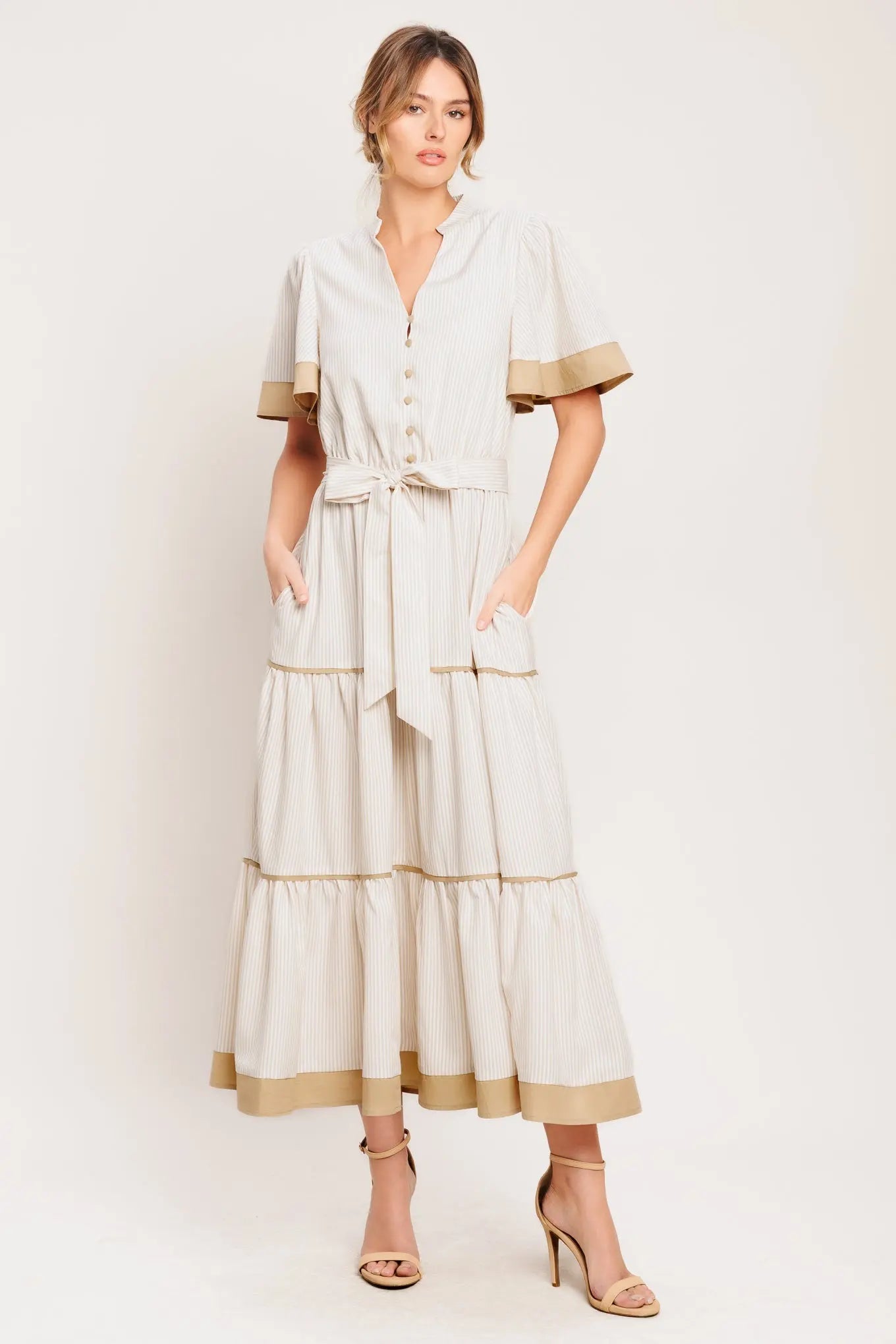 Paris Morning Taupe Woven Midi Dress With Tiered Skirt Flying Tomato