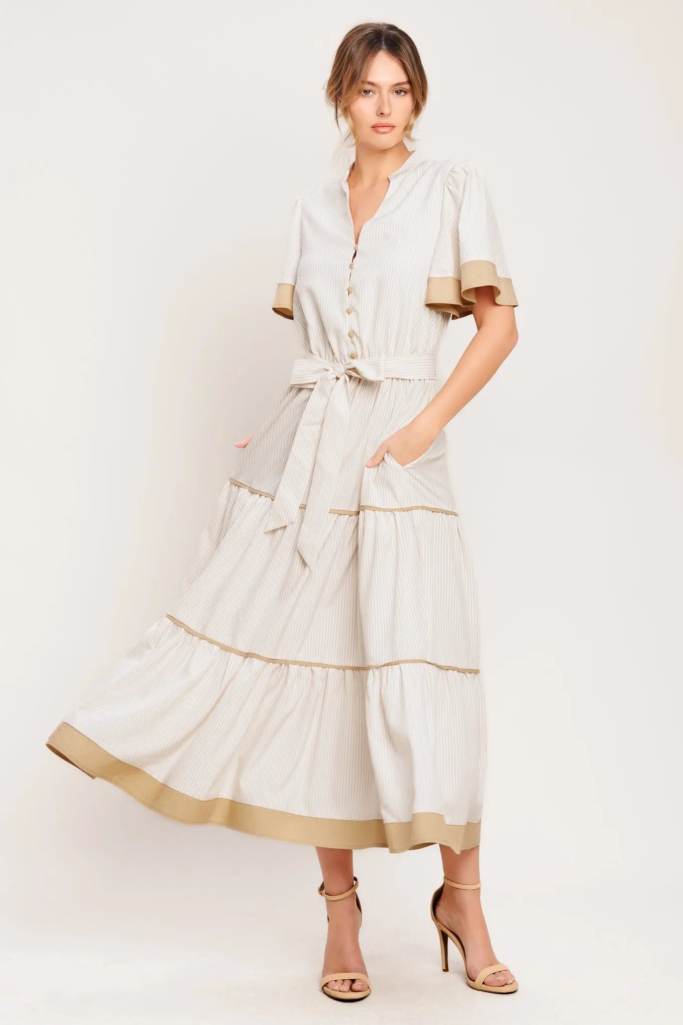 Paris Morning Taupe Woven Midi Dress With Tiered Skirt Flying Tomato