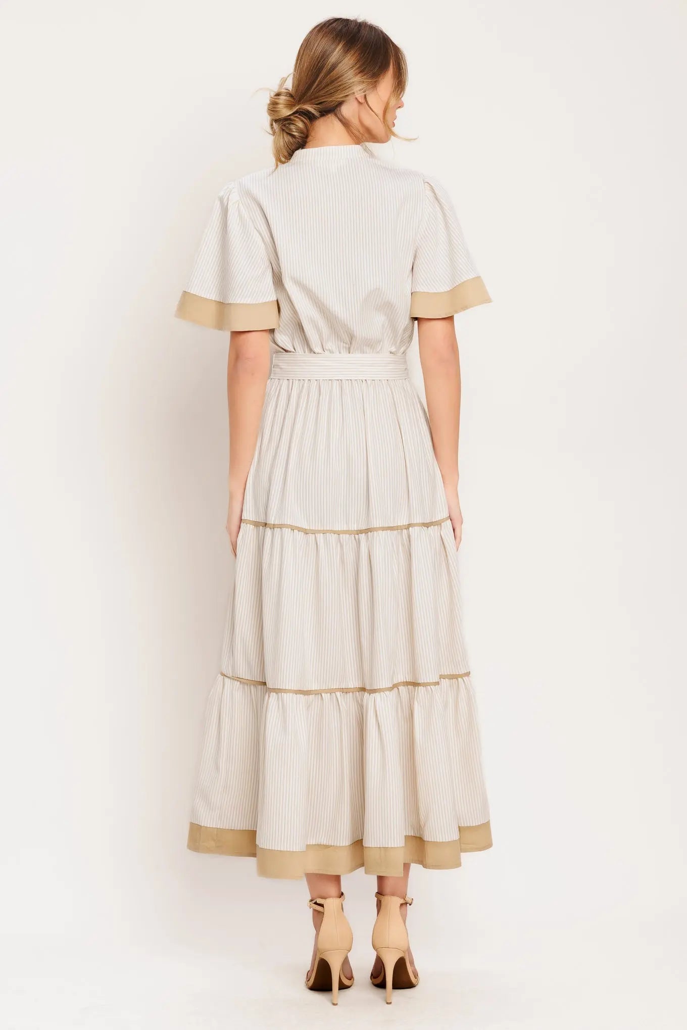 Paris Morning Taupe Woven Midi Dress With Tiered Skirt Flying Tomato