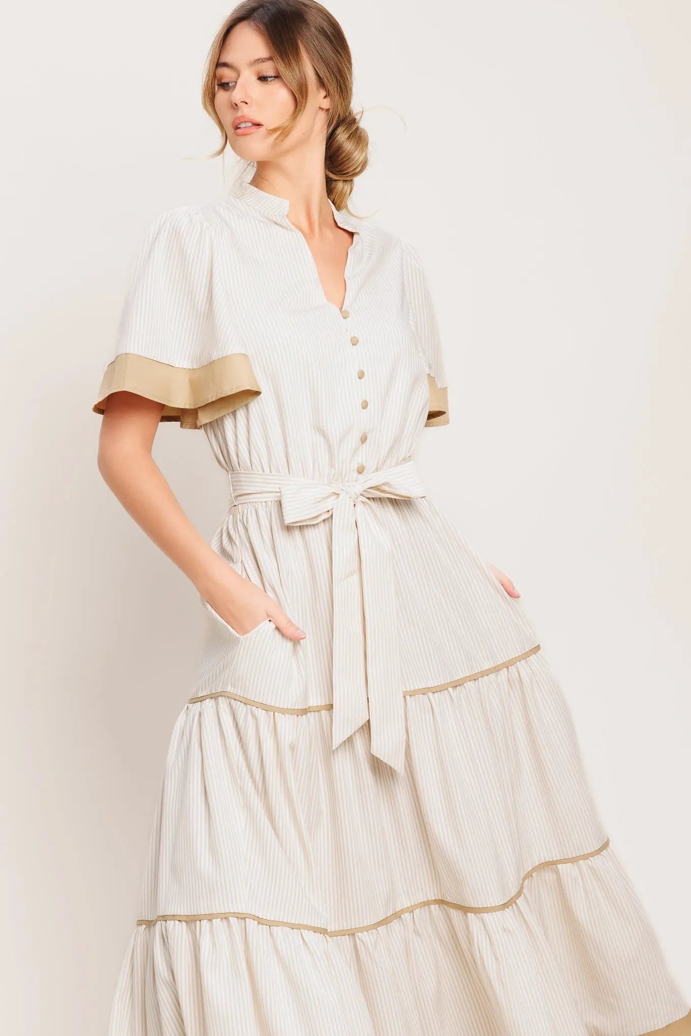 Paris Morning Taupe Woven Midi Dress With Tiered Skirt Flying Tomato