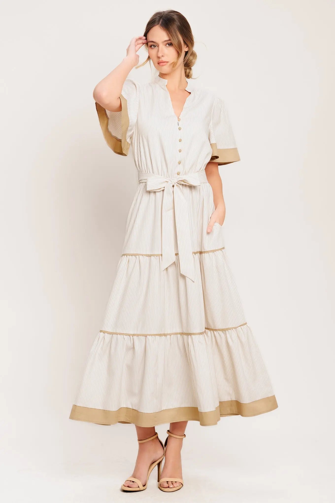 Paris Morning Taupe Woven Midi Dress With Tiered Skirt Flying Tomato