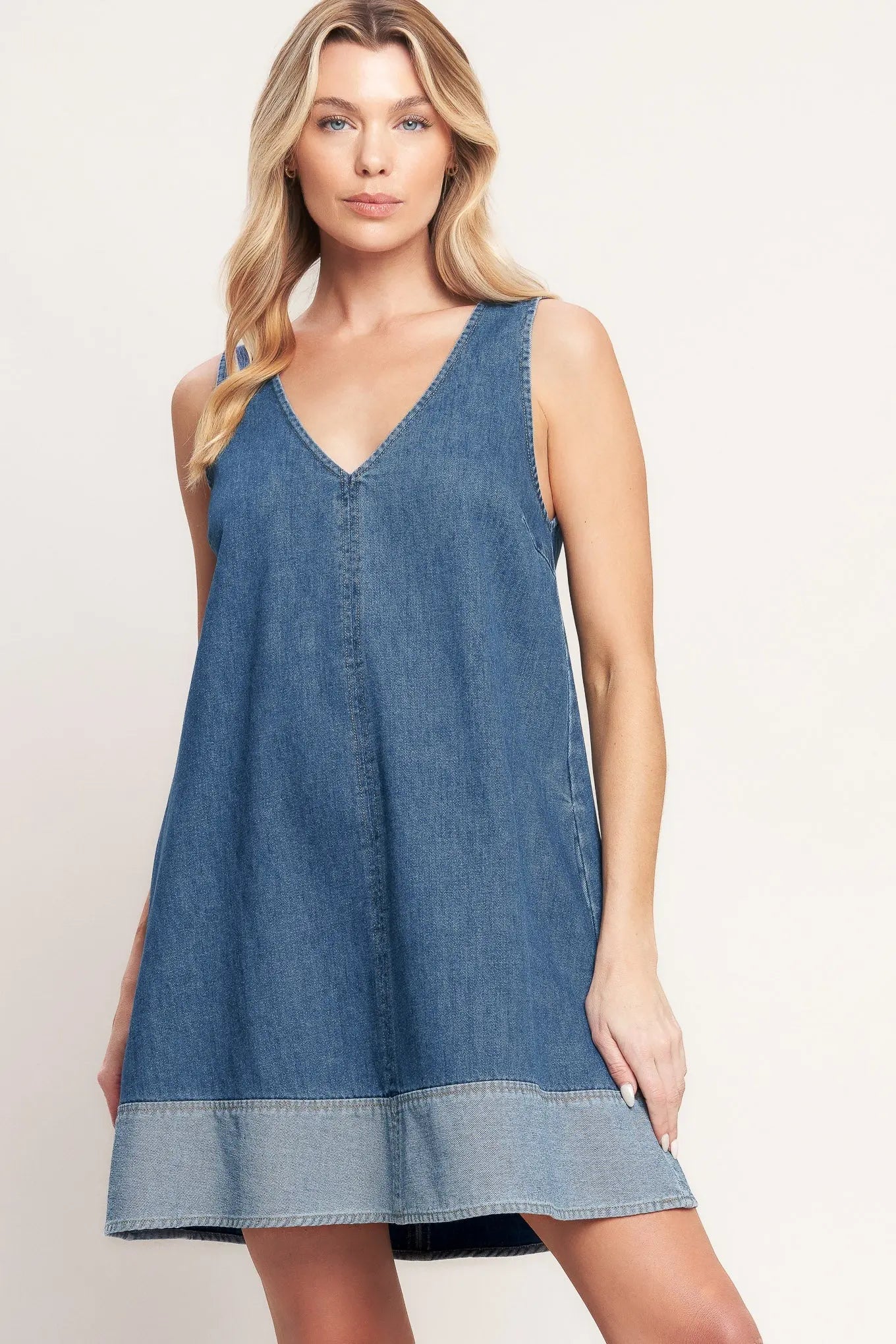 Main Street Denim Mini Dress V Neckline Sleeveless With Contrast Hem Flying Tomato