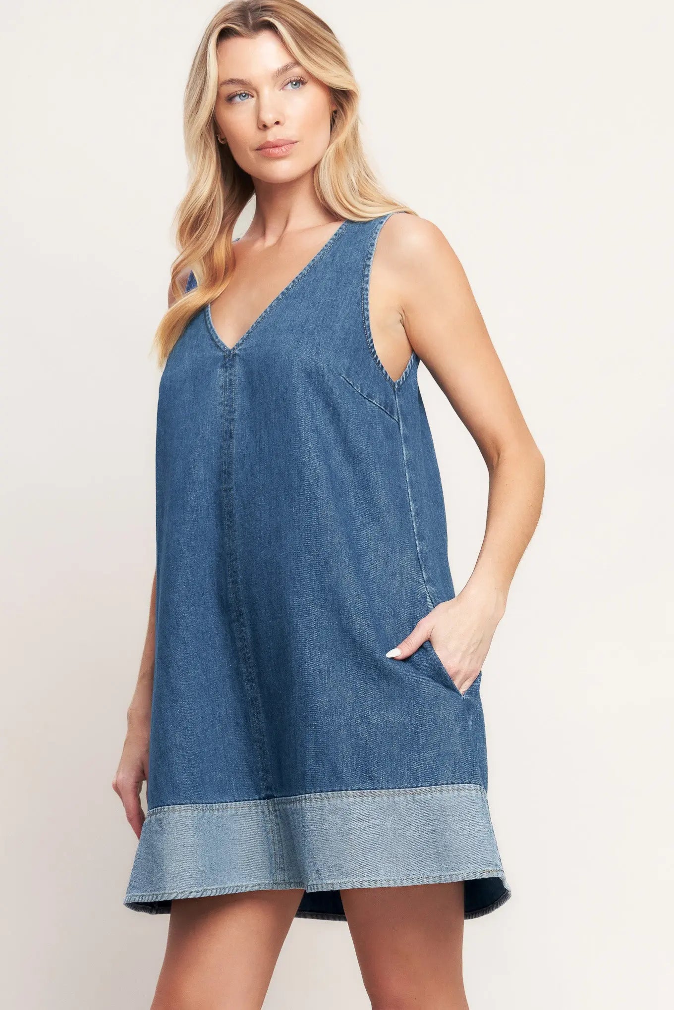 Main Street Denim Mini Dress V Neckline Sleeveless With Contrast Hem Flying Tomato