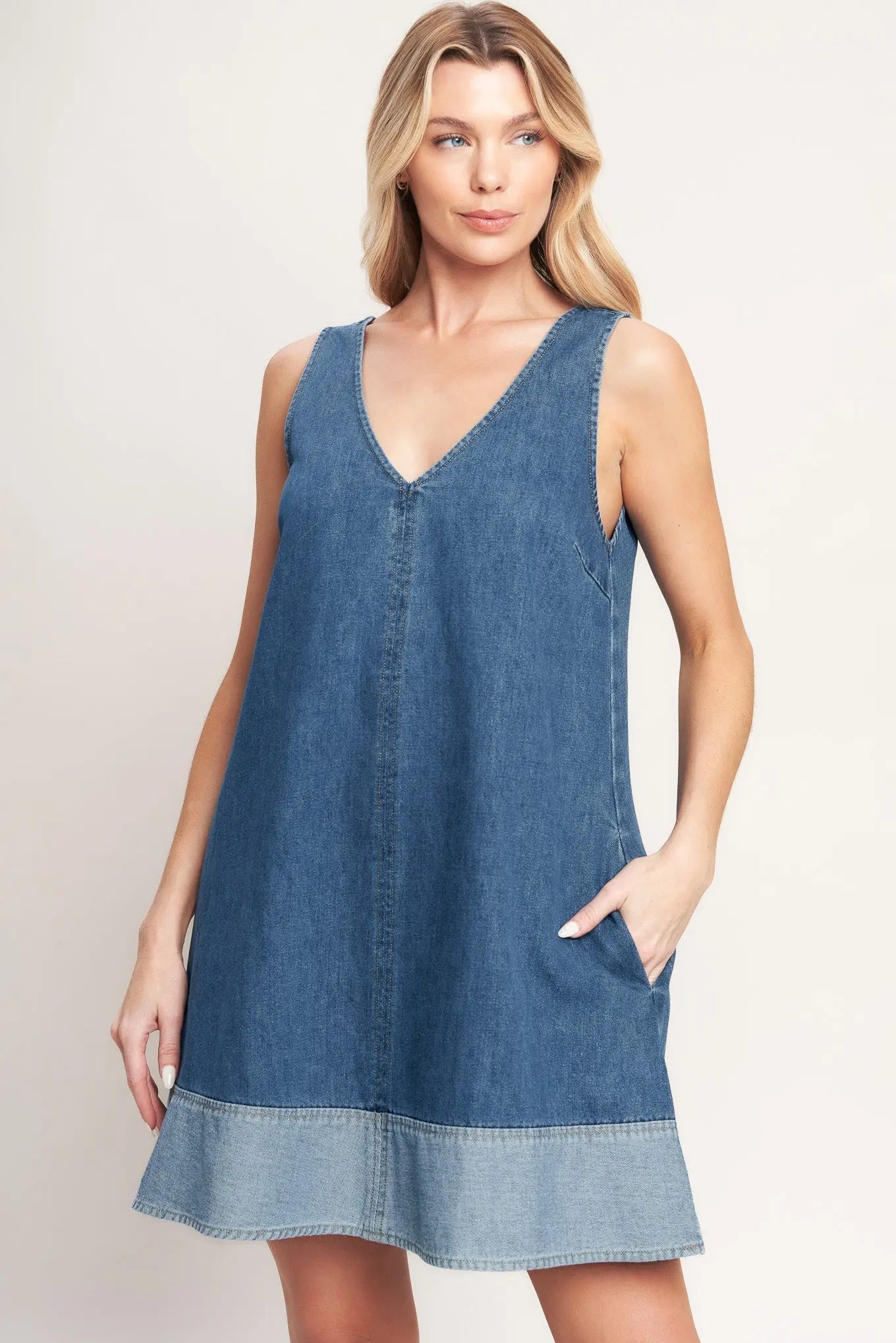 Main Street Denim Mini Dress V Neckline Sleeveless With Contrast Hem Flying Tomato