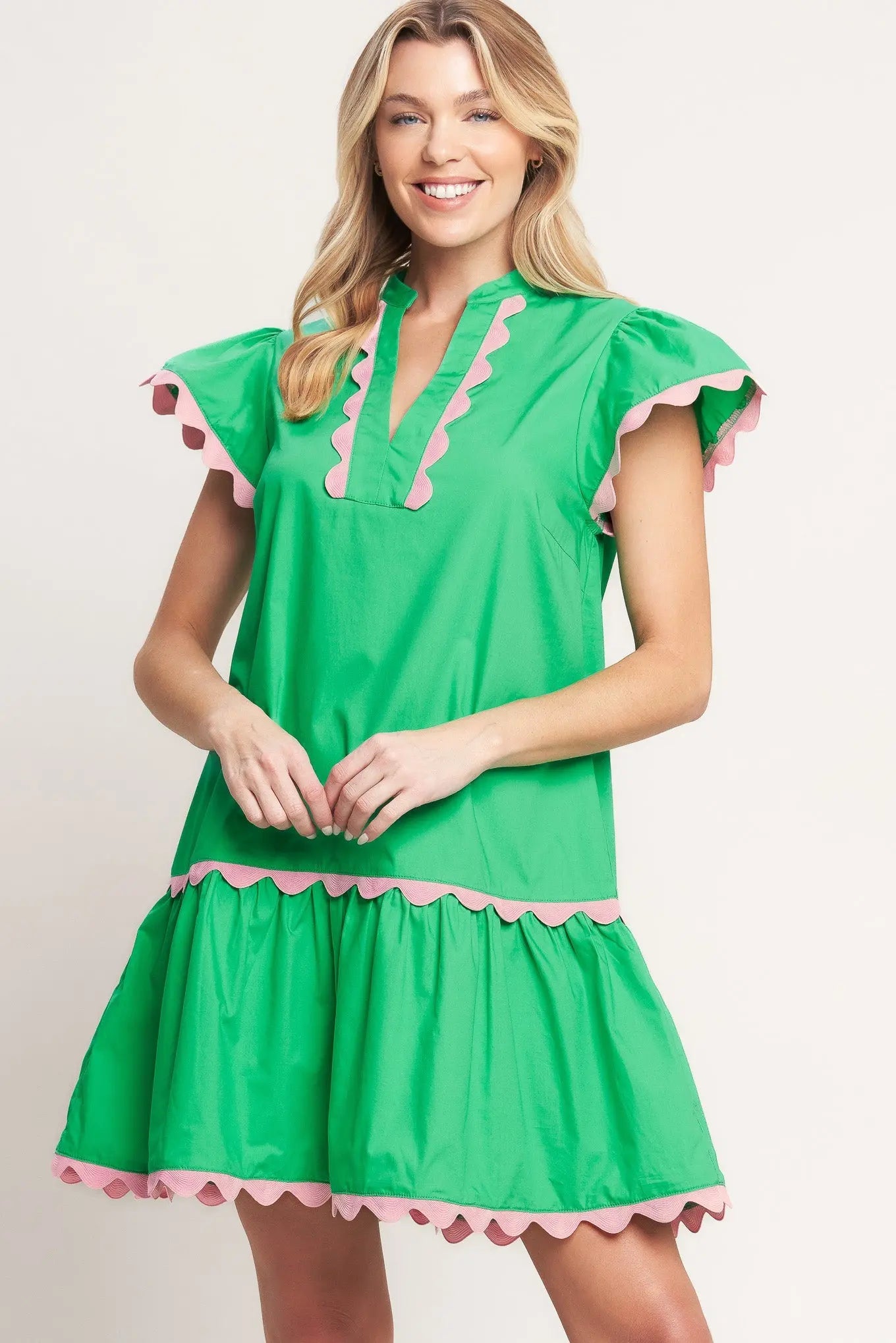 Green Woven Mini Dress With Pink Scalloped Trim And V Neck Flying Tomato