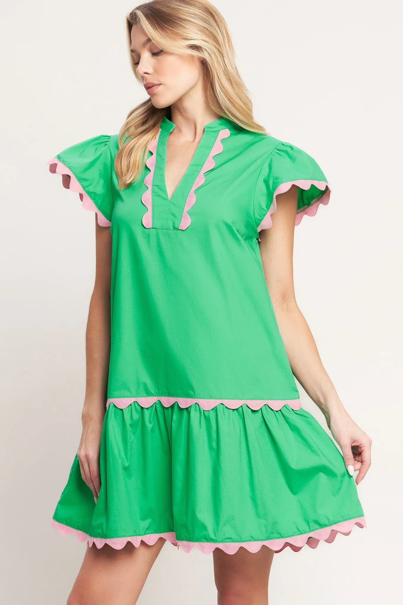 Green Woven Mini Dress With Pink Scalloped Trim And V Neck Flying Tomato