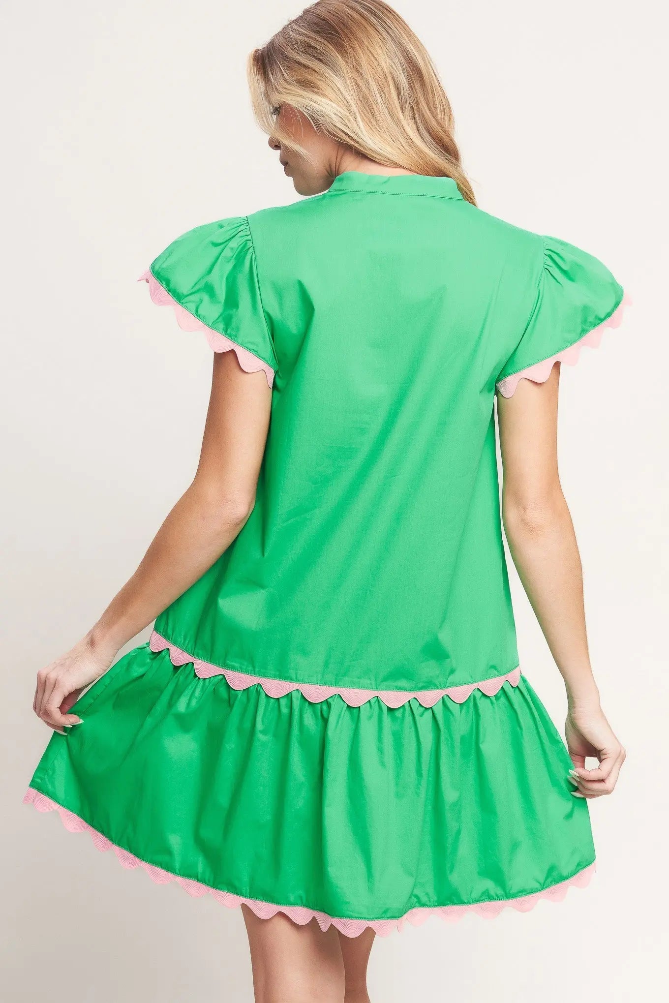 Green Woven Mini Dress With Pink Scalloped Trim And V Neck Flying Tomato