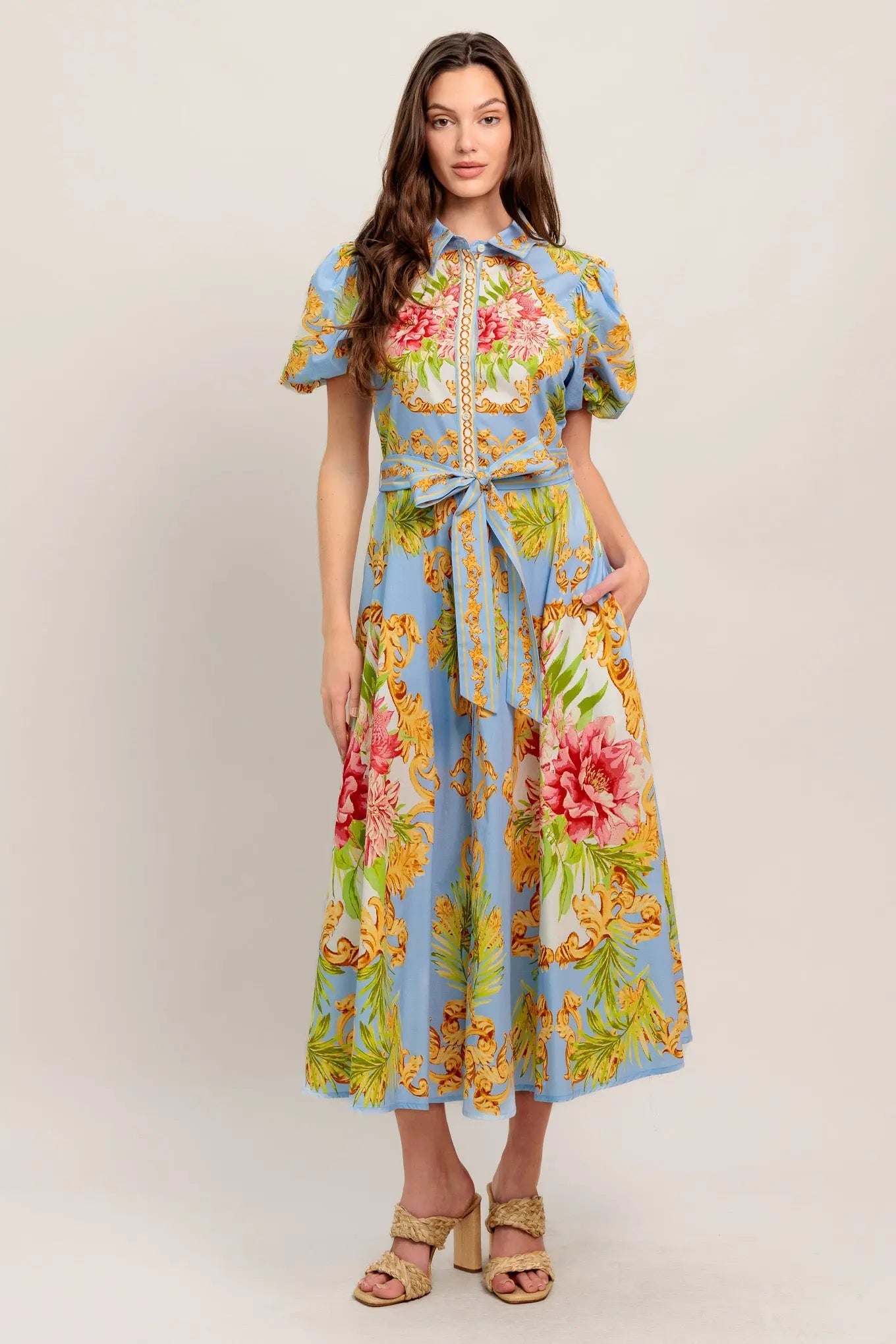 Blue Palace Printed Woven Midi Dress With Collar Button Down Self Sash Tie Flying Tomato